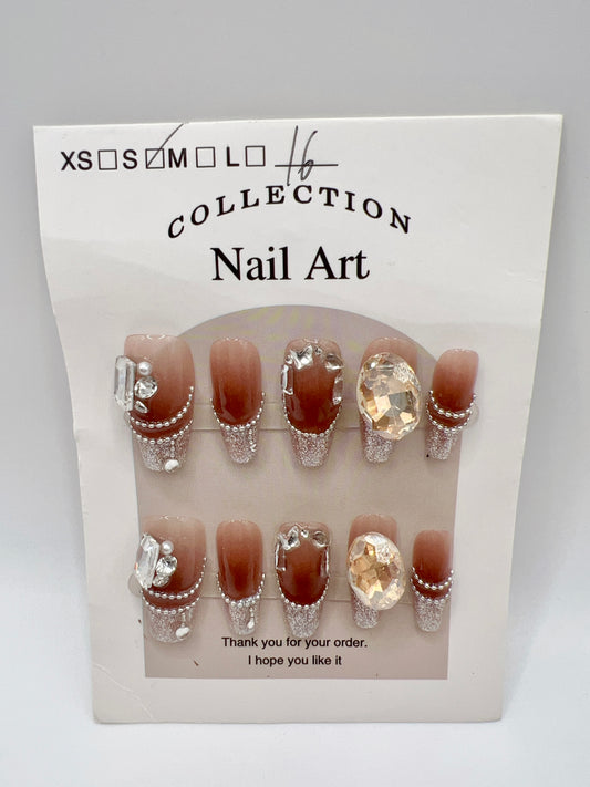 Medium Coffin Press-On Nails with Rhinestones & Glitter French Tip