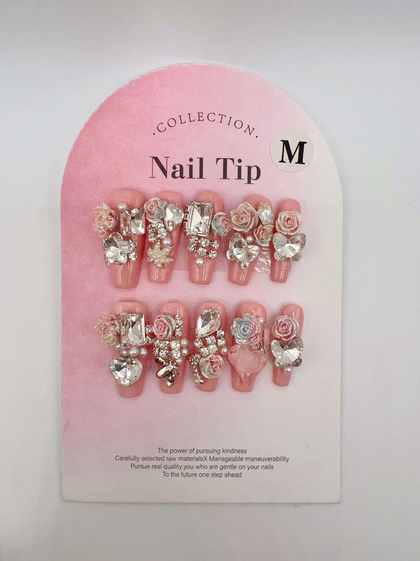 Long Coffin Press-On Nails with Heavy Rhinestones & 2D Flower Charms – Medium Size