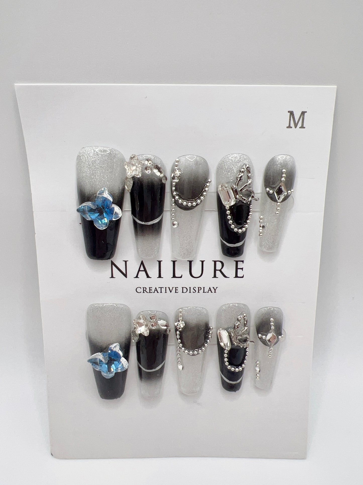 Long Coffin Black Gradient Glitter Press On Nails with Rhinestone – Medium Size