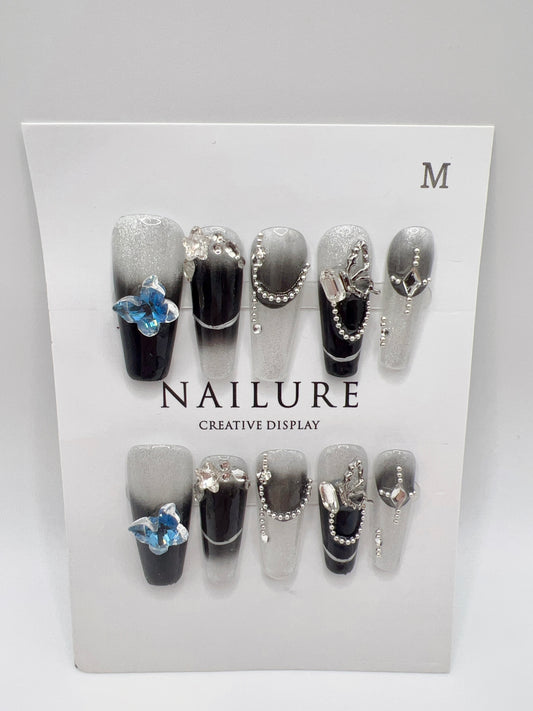 Long Coffin Black Gradient Glitter Press On Nails with Rhinestone – Medium Size