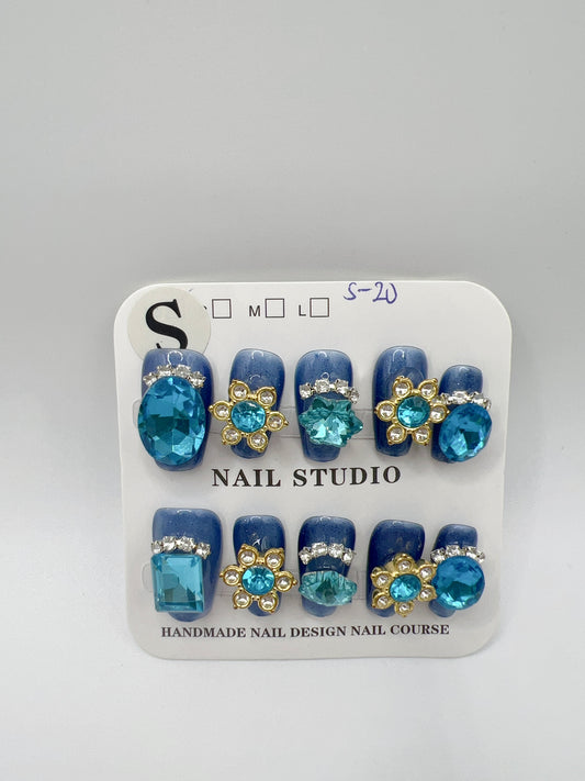 Blue Short Coffin Press-On Nails with Heavy Rhinestones – Small Size