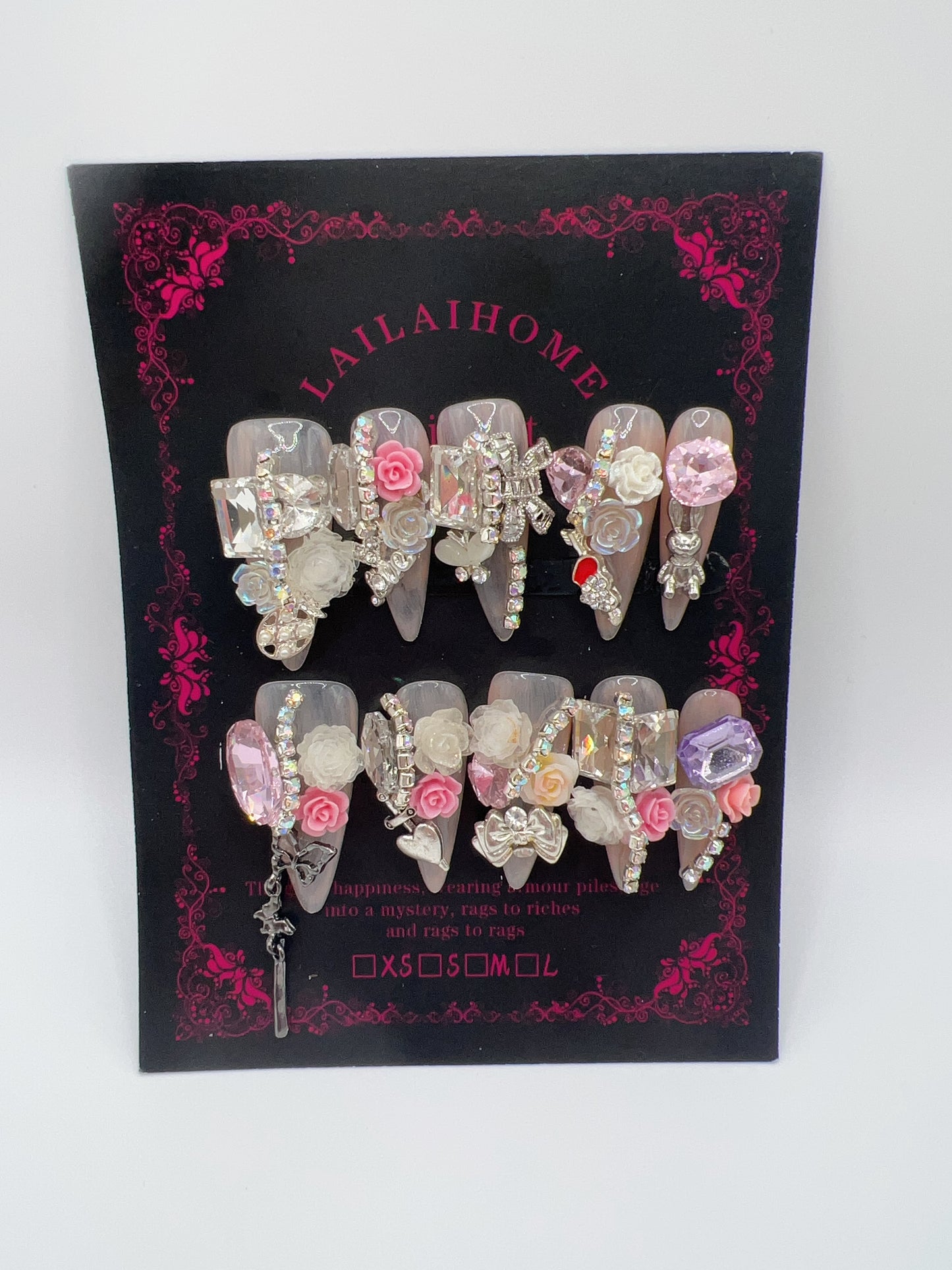 Long Stiletto Press-On Nails with Heavy Rhinestones & 2D Flower Charms