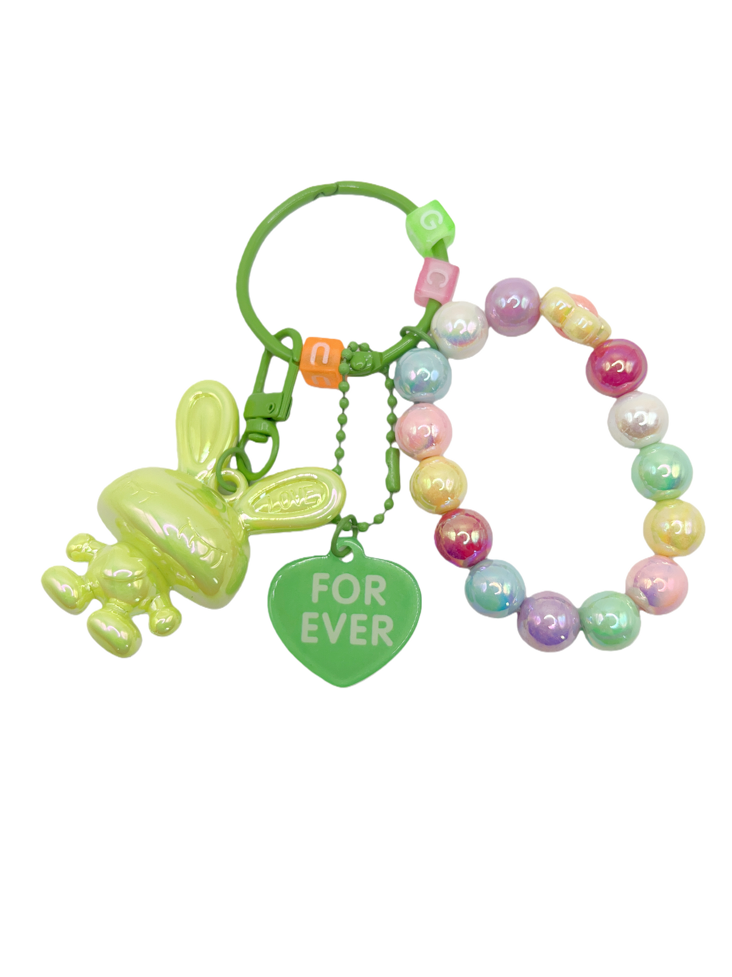 Bright Lacquered Shine Bunny Keychain with Bead Bracelets & Forever Heart Charm – Detachable Cute Bag Chain Accessory, 6 Colors