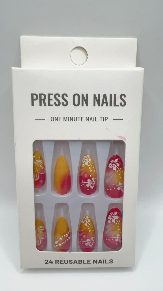 24 pcs Almond Press-On Nails – Orange & Pink Gradient with Flower, Fashionable Style