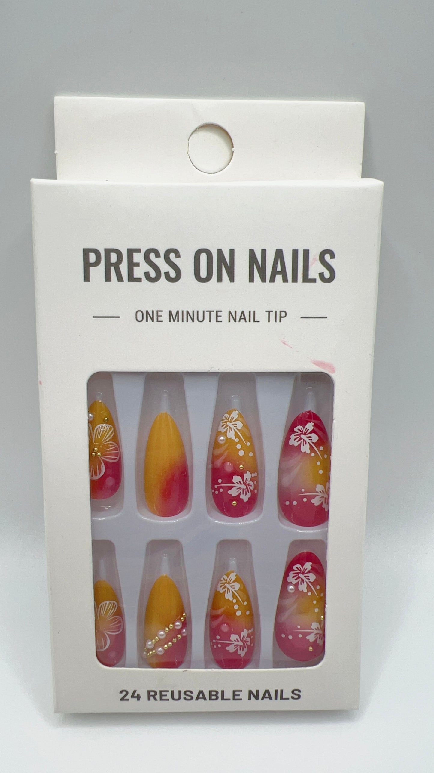 24 pcs Almond Press-On Nails – Flower with French Tip, Orange Gradient, Elegant Style