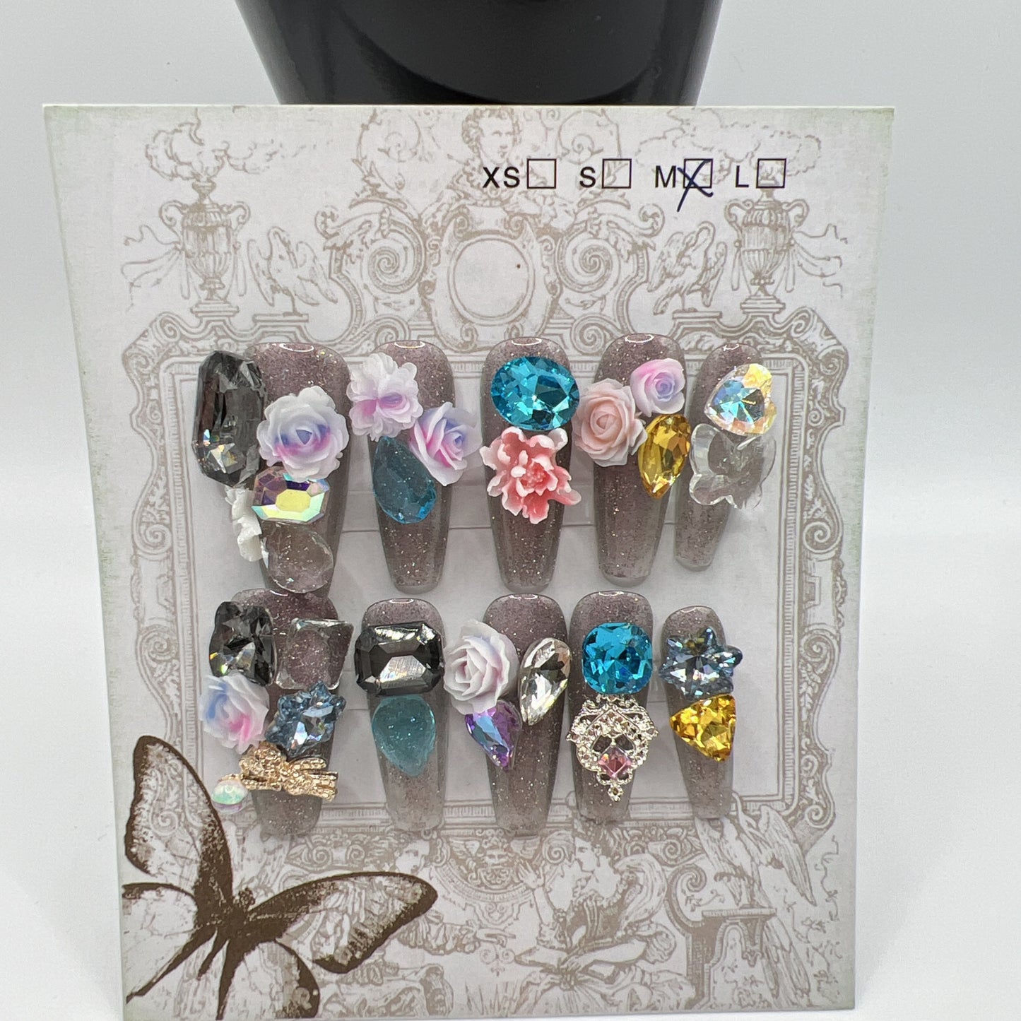 Long Coffin Press On Nails with Heavy Rhinestone & 2D Flower Charms – 10 Designs, Medium Size