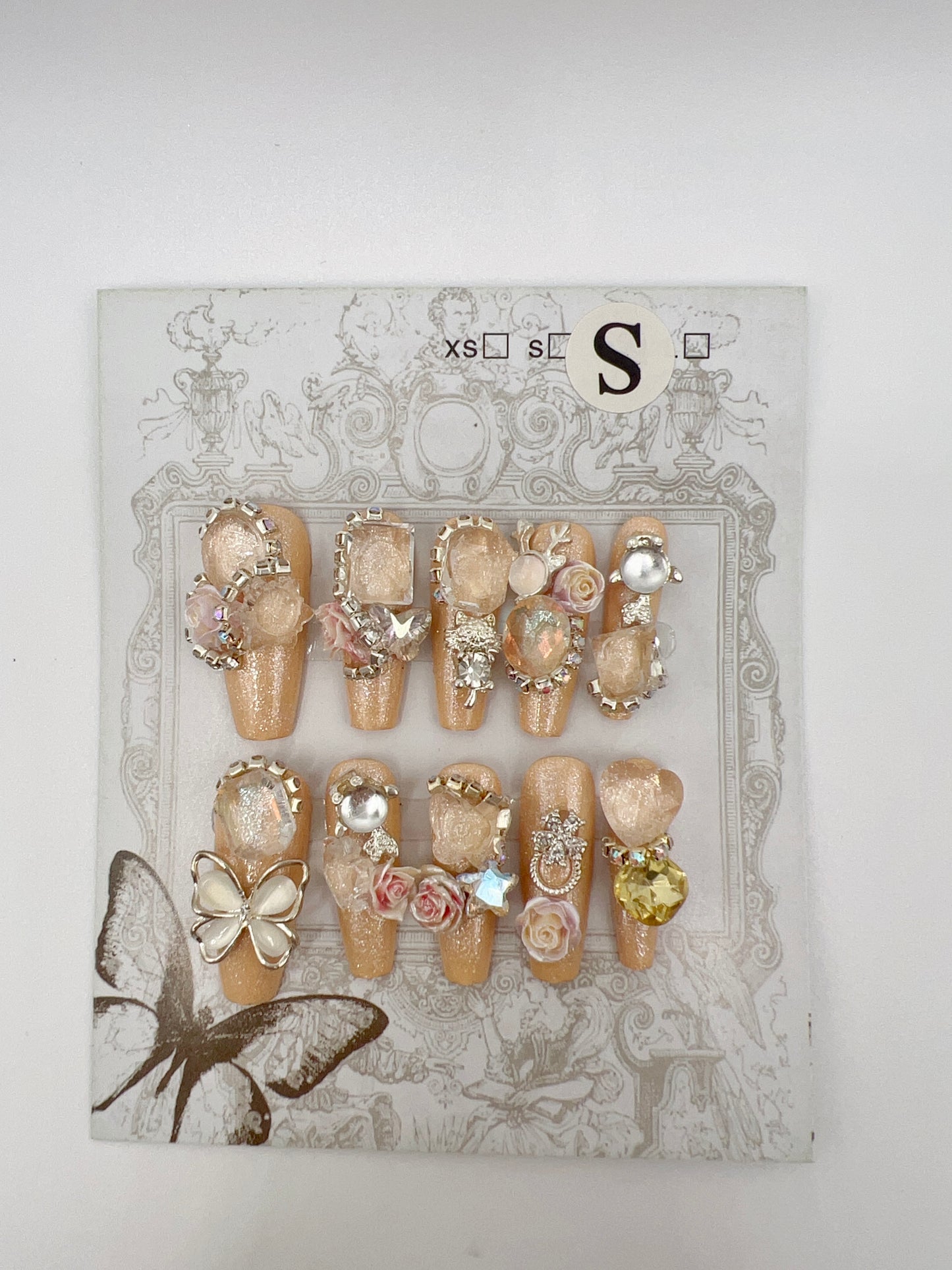 Long Coffin Press On Nails with Rhinestone and 2D Flowers – Small Size