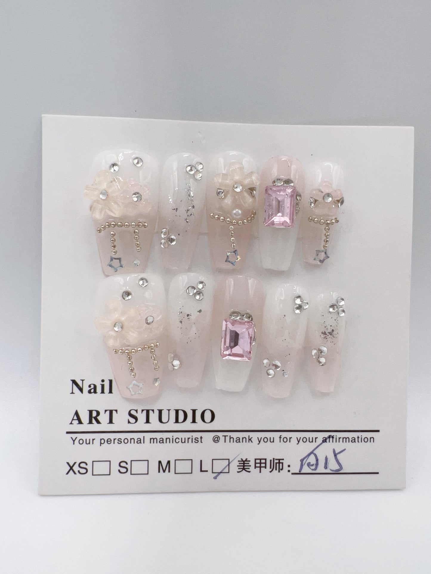 Medium Length Coffin Press On Nails with Rhinestone Gems – Large Size