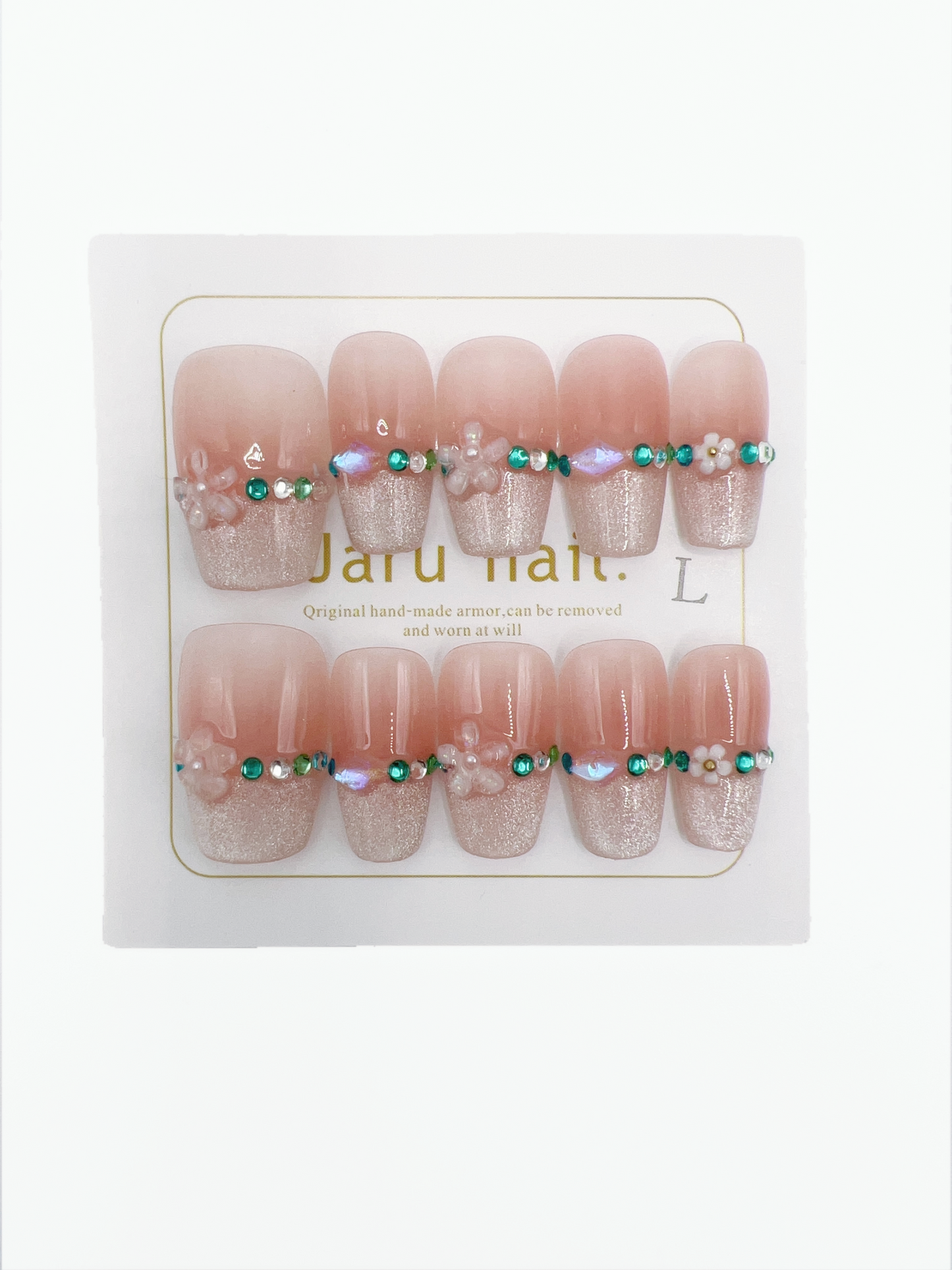 Short Coffin Press-On Nails with Rhinestones & 2D Flower Charms – Large Size