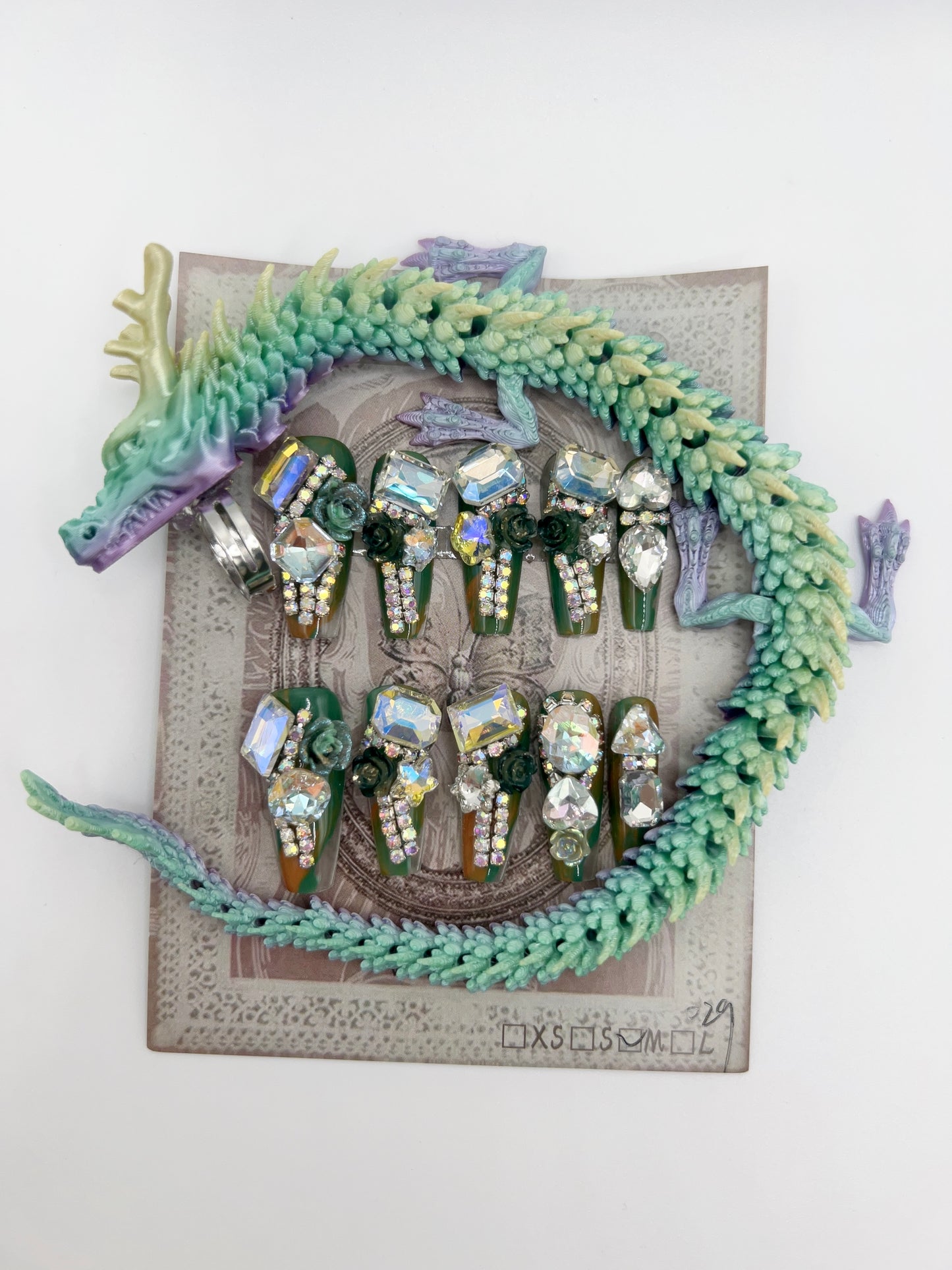 Luxury Rhinestone Press-On Nails with 3D Flower Charms & Dragon Rings – Long Coffin, Medium Size, Reusable