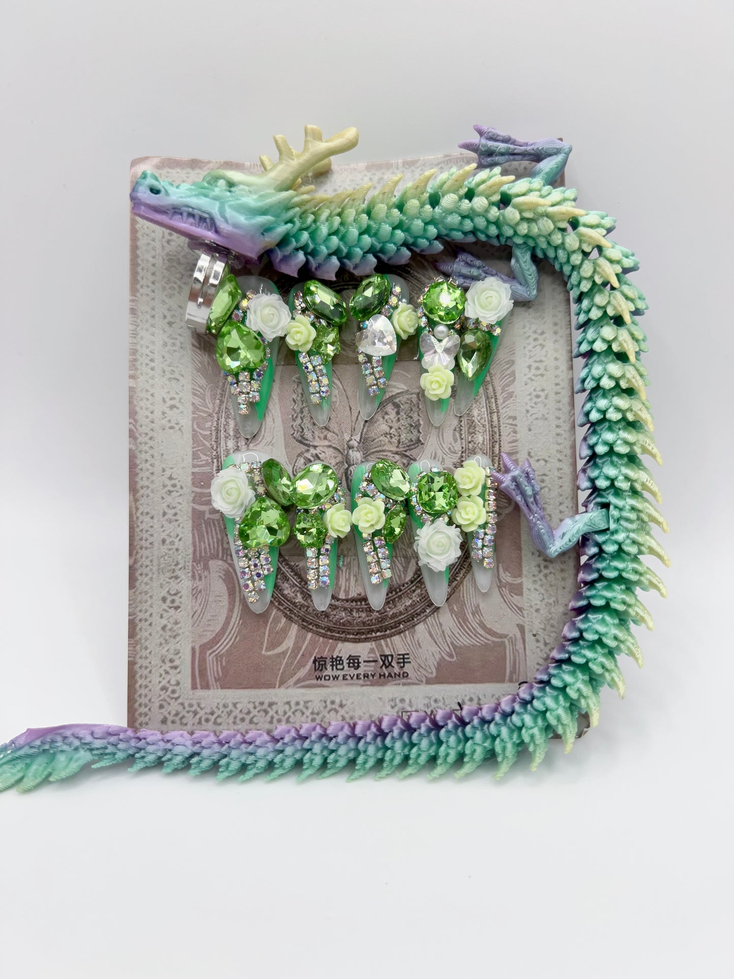 Luxury Rhinestone Press-On Nails with 3D Flower Charms & Dragon Rings – Long Stiletto, Small Size, Reusable