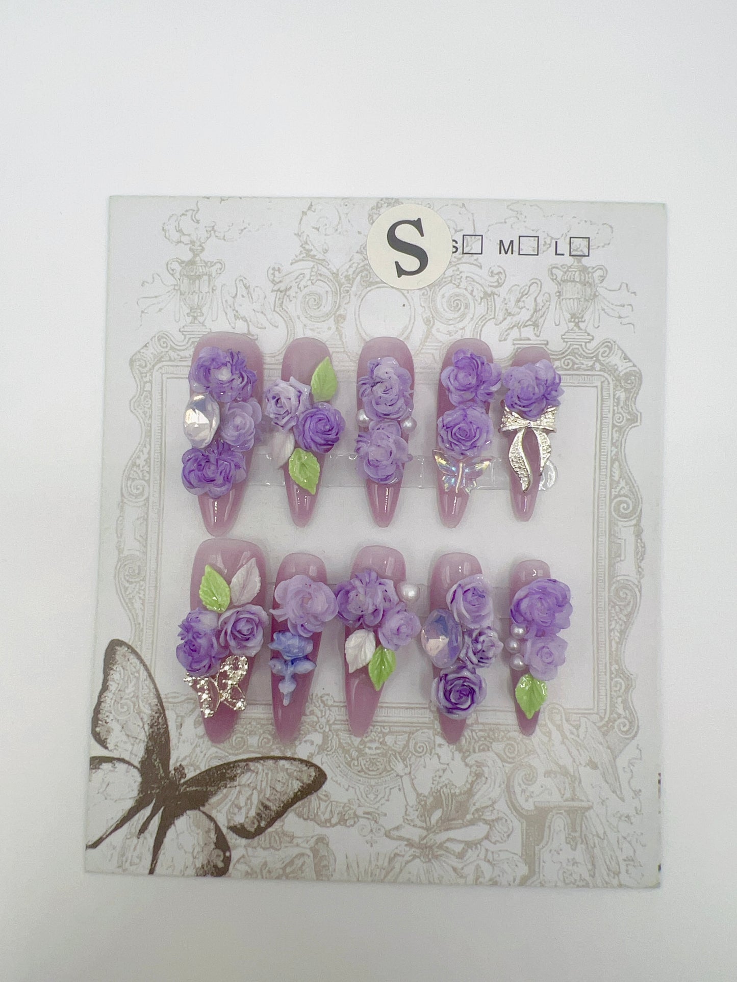 Purple Long Stiletto Press On Nails with Rhinestone 2D Flowers – Small Size Glam