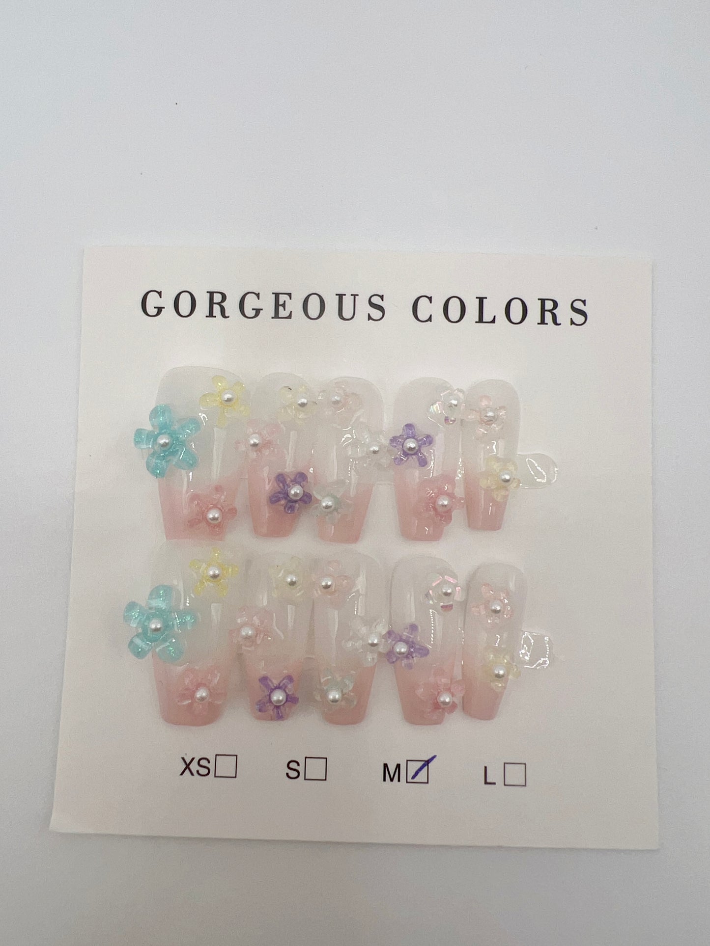 Medium Coffin Press On Nails with Flower Charms and Pearl