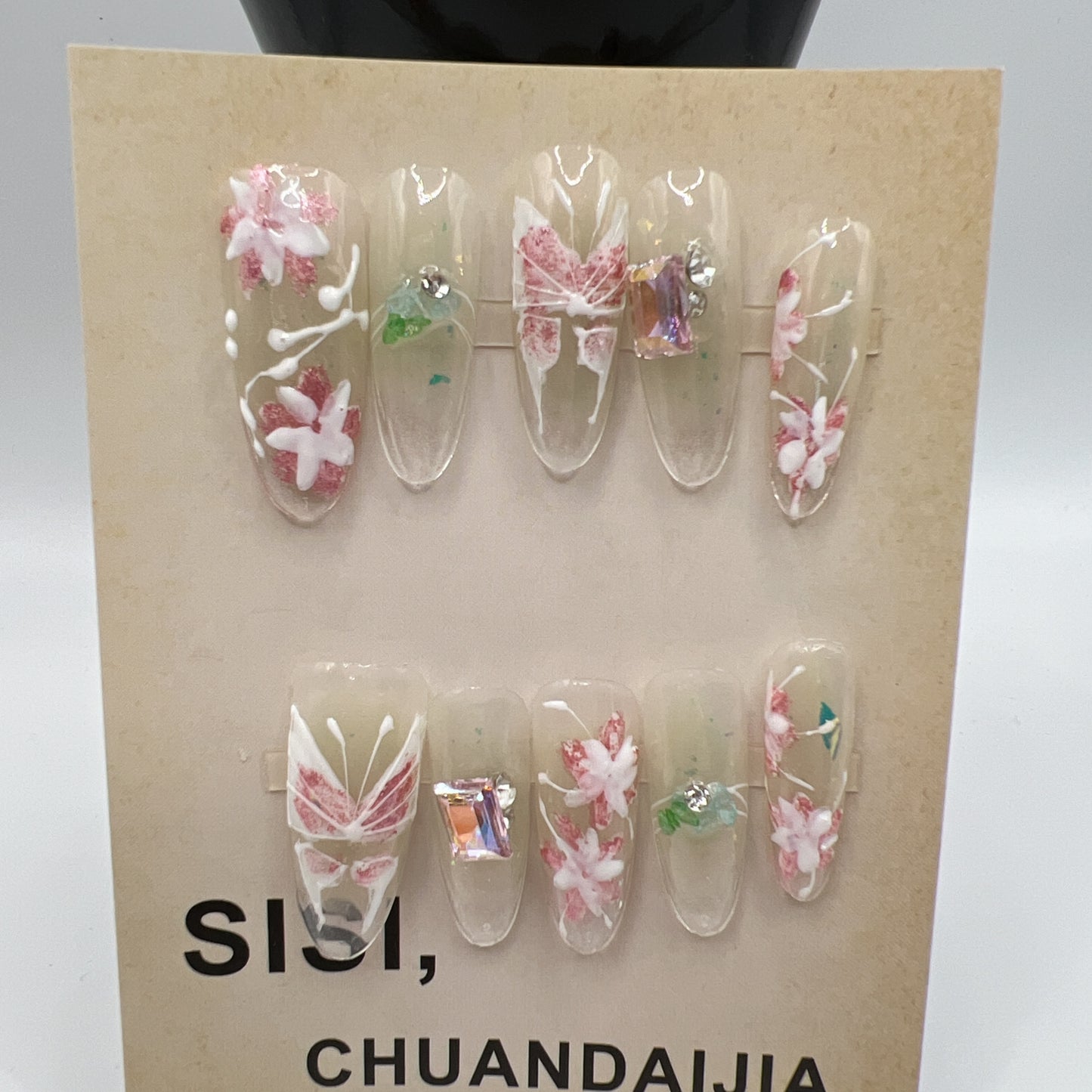 Long Oval Press On Nails with Rhinestone Charms – Glam Fake Nails, Medium Size, 10 Designs