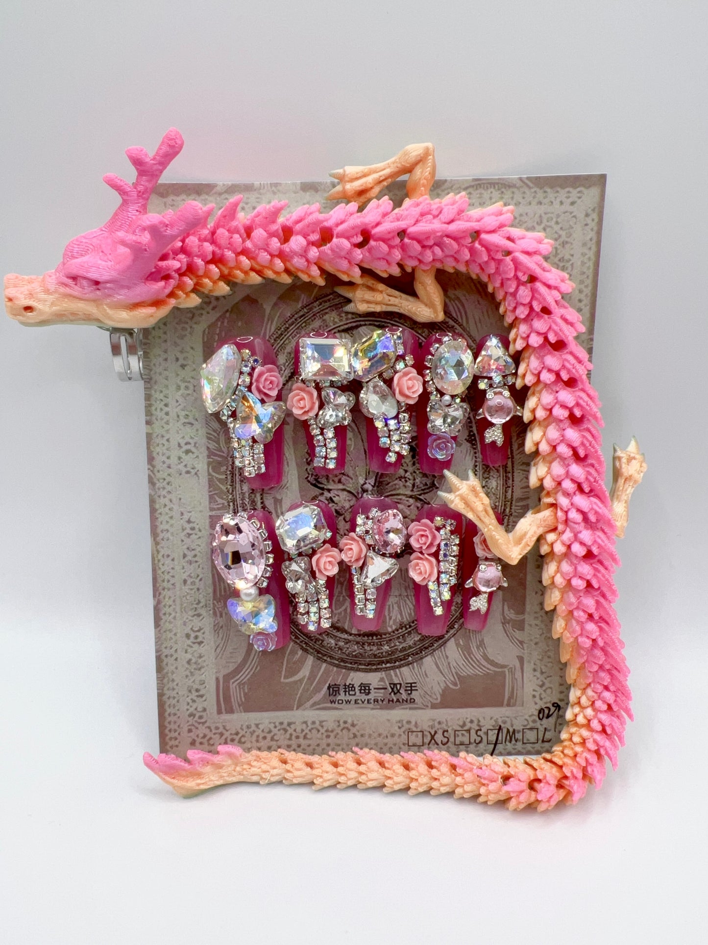 Luxury Rhinestone Press-On Nails with 3D Flower Charms & Dragon Rings – Long Coffin, Medium Size, Reusable