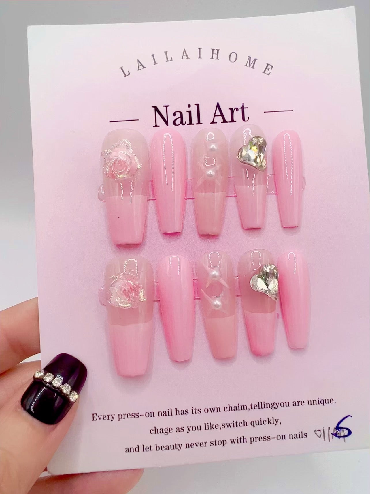 Long Coffin Press-On Nails with Rhinestones French Tip – Small Size