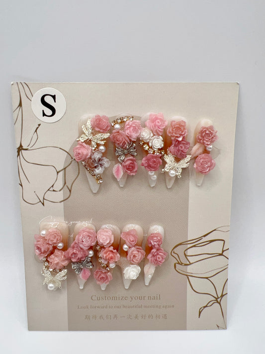 Luxury Long Stiletto Press-On Nails with Heavy Rhinestones & 2D Flower Charms – Small Size