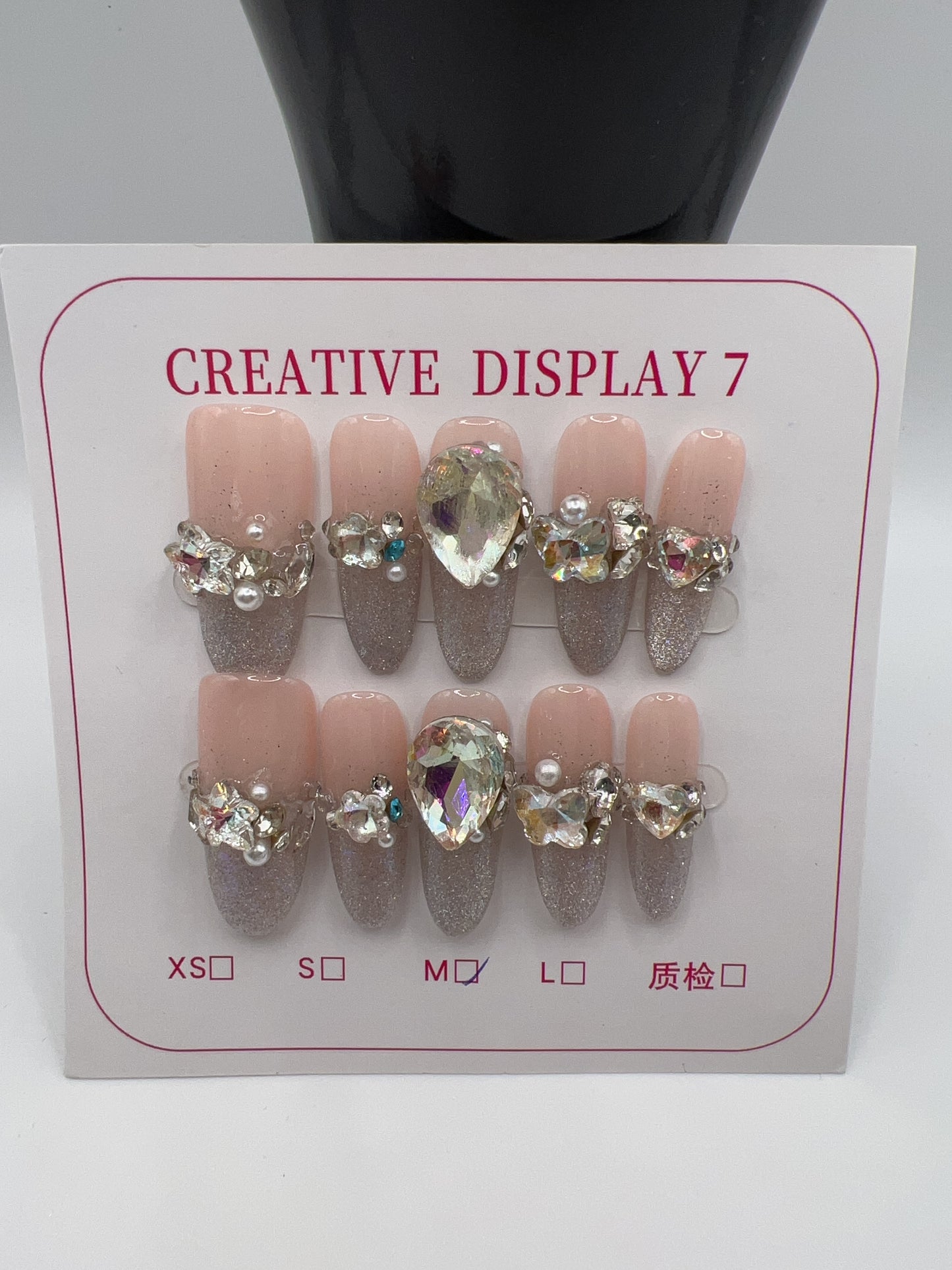 Long Oval Press On Nails with Rhinestone Charms – Glam Fake Nails, Medium Size, 10 Designs