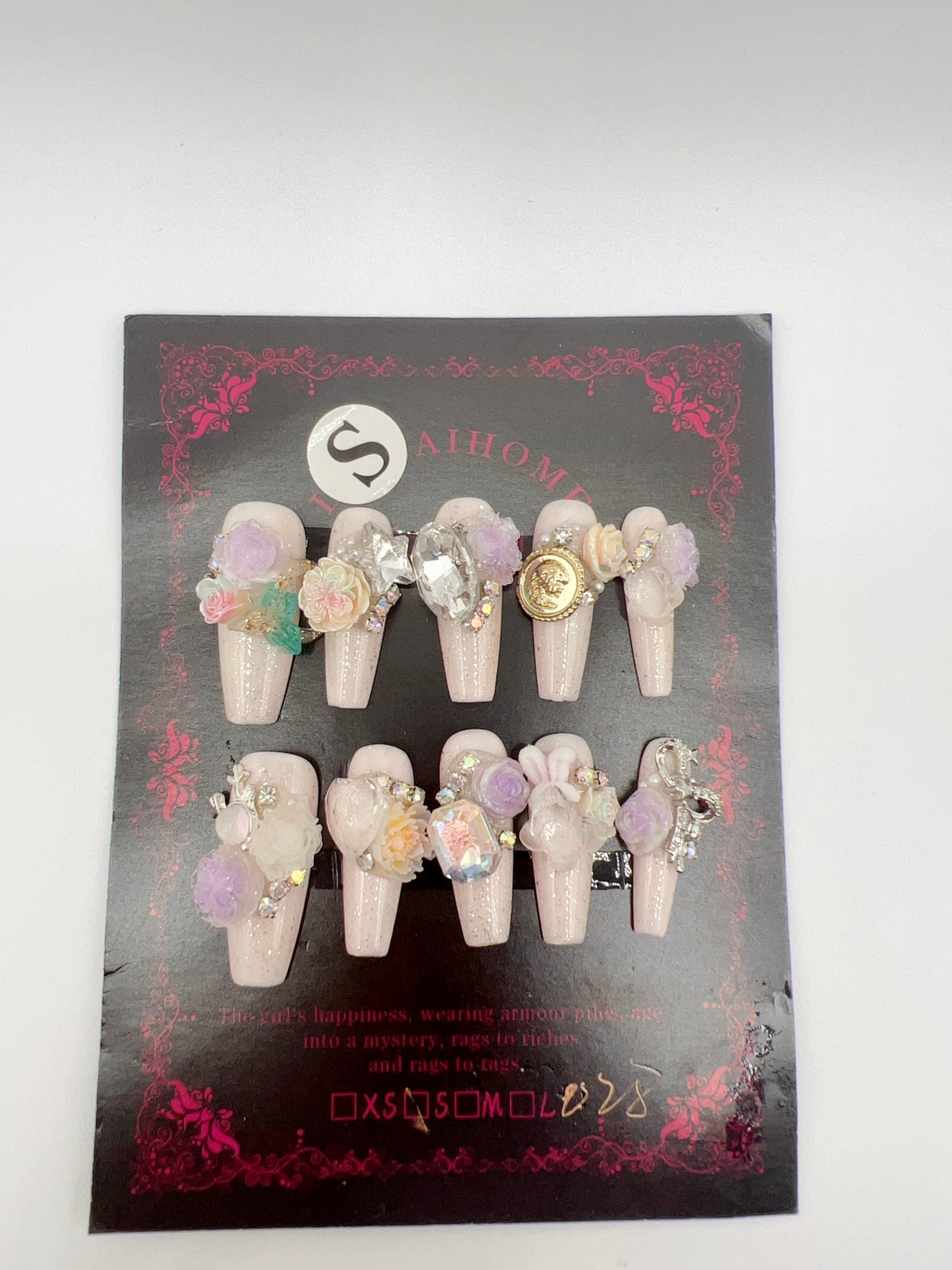 Long Coffin Press On Nails with Rhinestone and 2D Flowers – Small Size