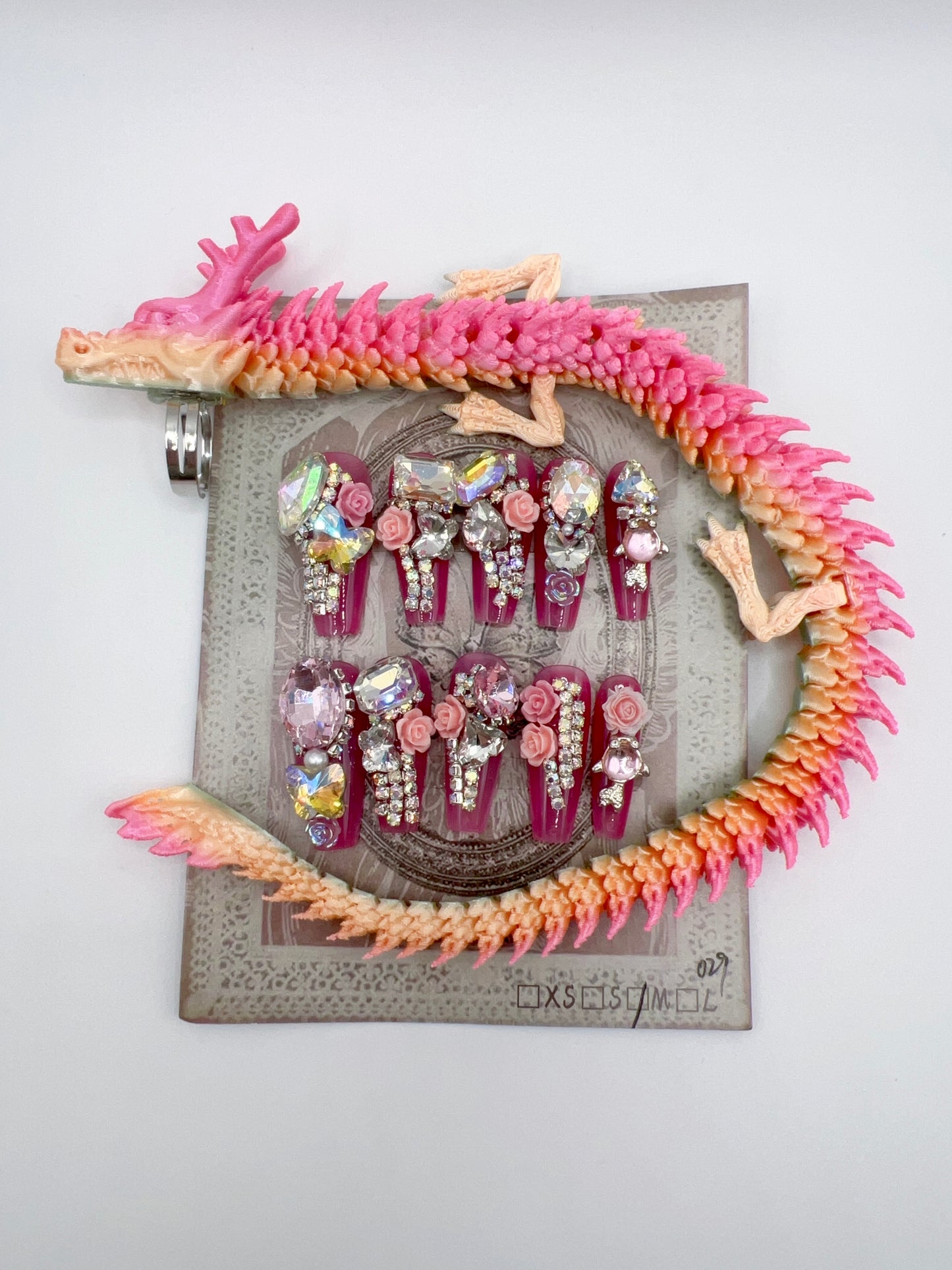 Luxury Rhinestone Press-On Nails with 3D Flower Charms & Dragon Rings – Long Coffin, Medium Size, Reusable