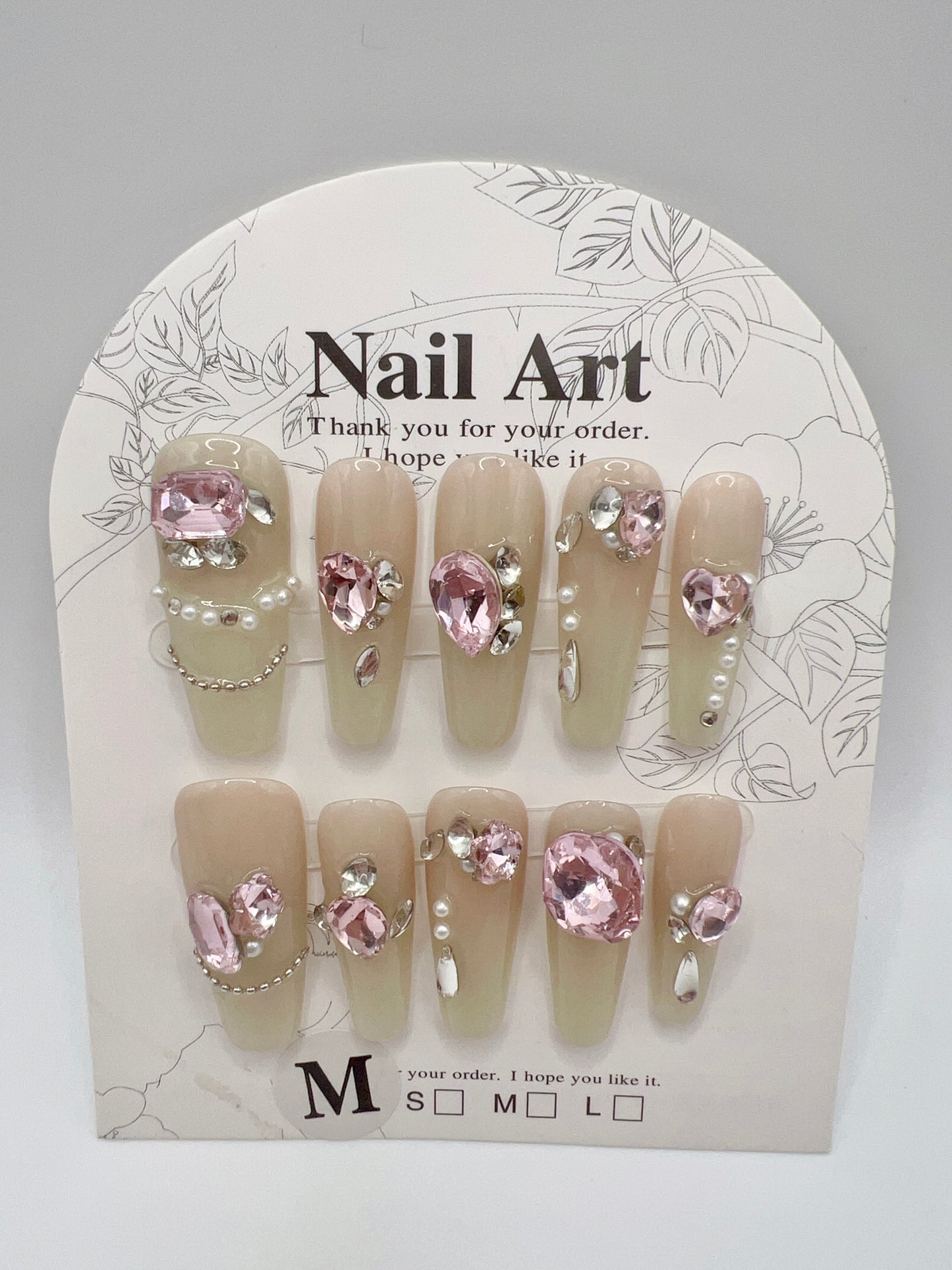 Long Coffin Press On Nails with Rhinestone and Pearl
