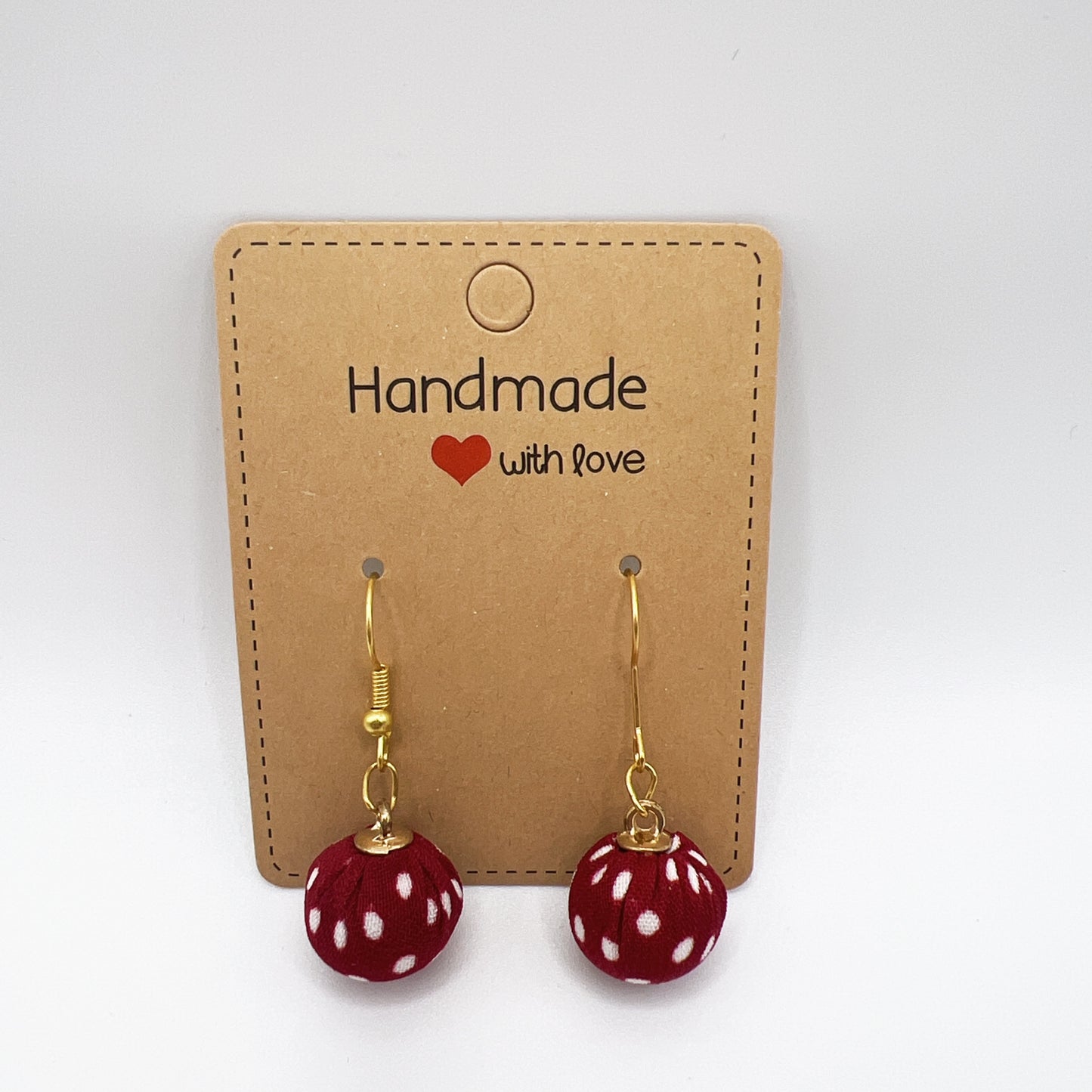 Red Fabric Flower Ball Drop Earrings with White Dots | Lightweight & Stylish | Playful Chic