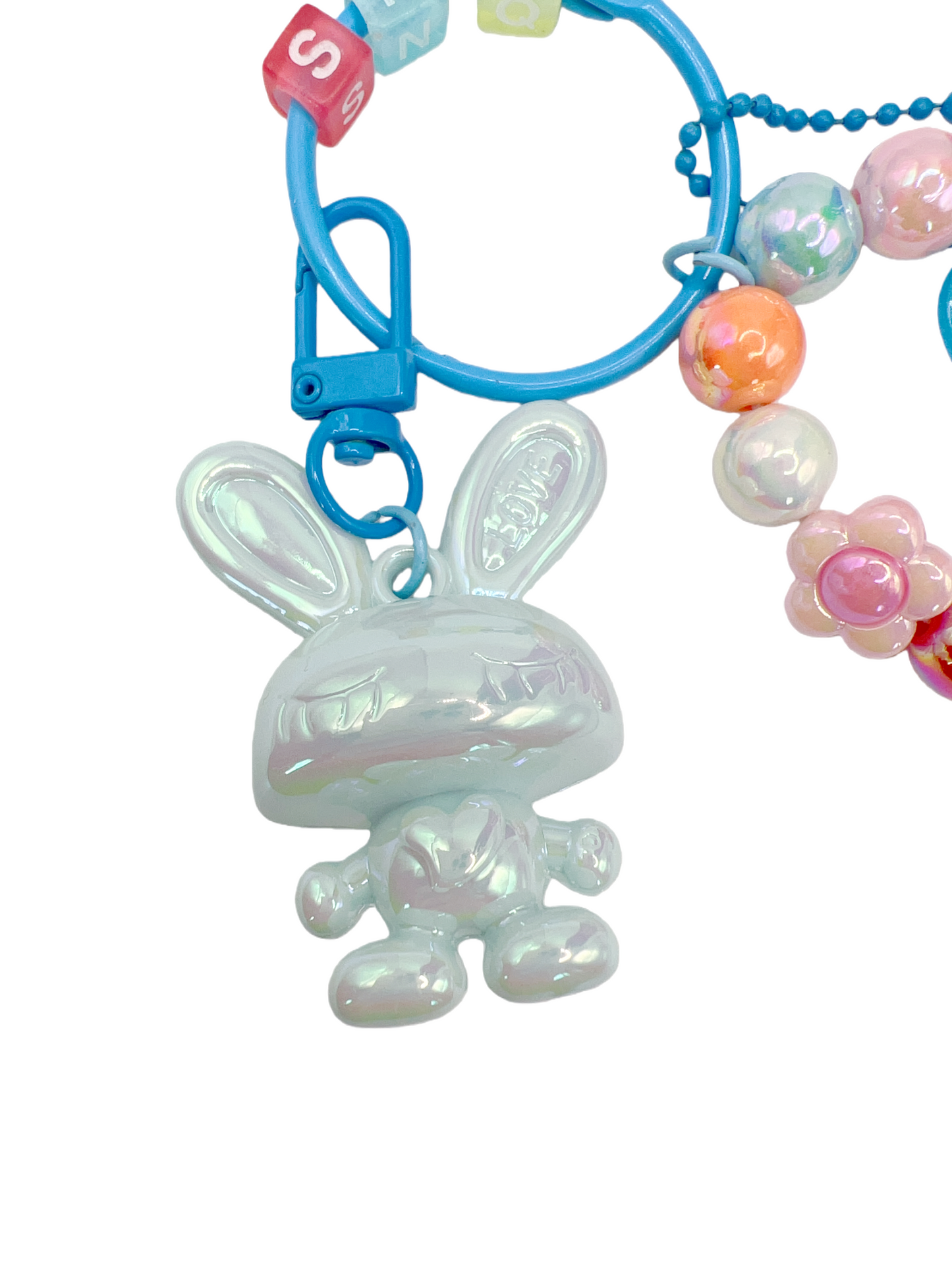 Bright Lacquered Shine Bunny Keychain with Bead Bracelets & Forever Heart Charm – Detachable Cute Bag Chain Accessory, 6 Colors