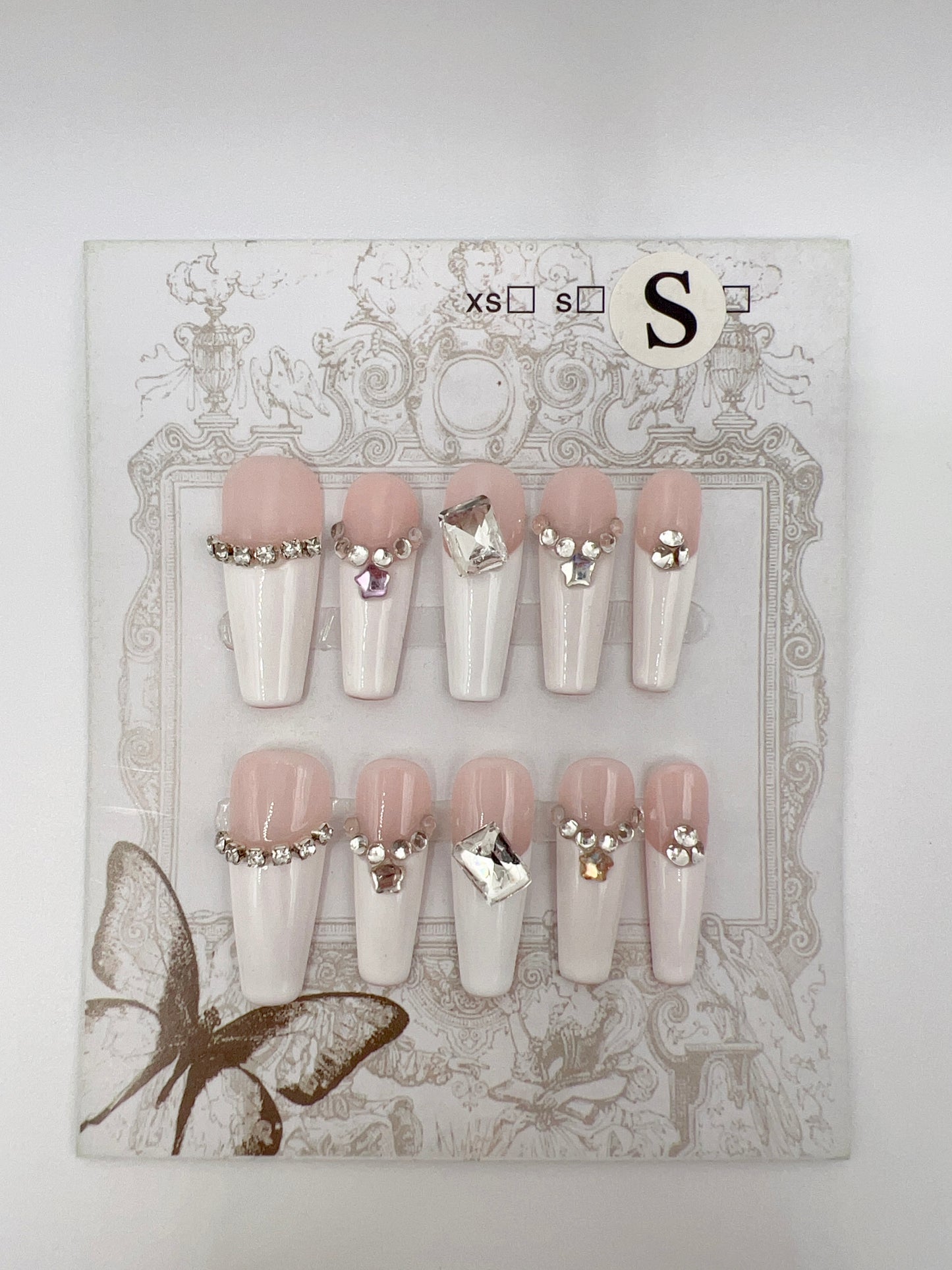 Long Coffin Press-On Nails with Rhinestones French Tip – Small Size