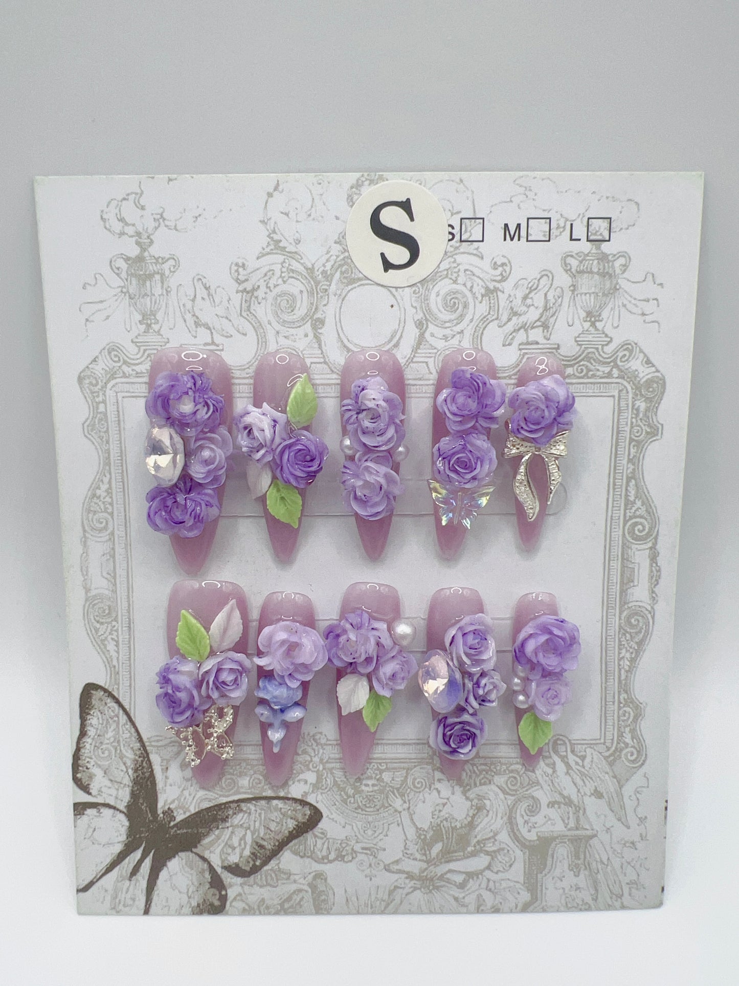 Purple Long Stiletto Press On Nails with Rhinestone 2D Flowers – Small Size Glam