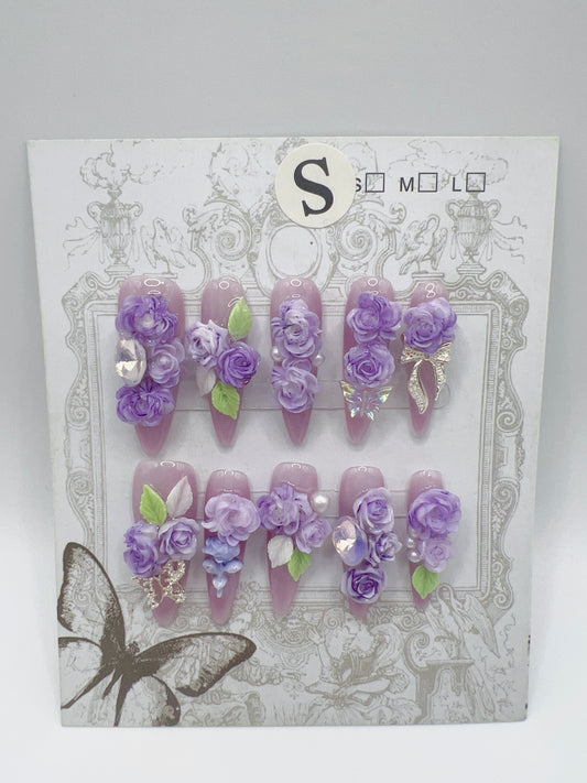 Purple Long Stiletto Press On Nails with Rhinestone 2D Flowers – Small Size Glam
