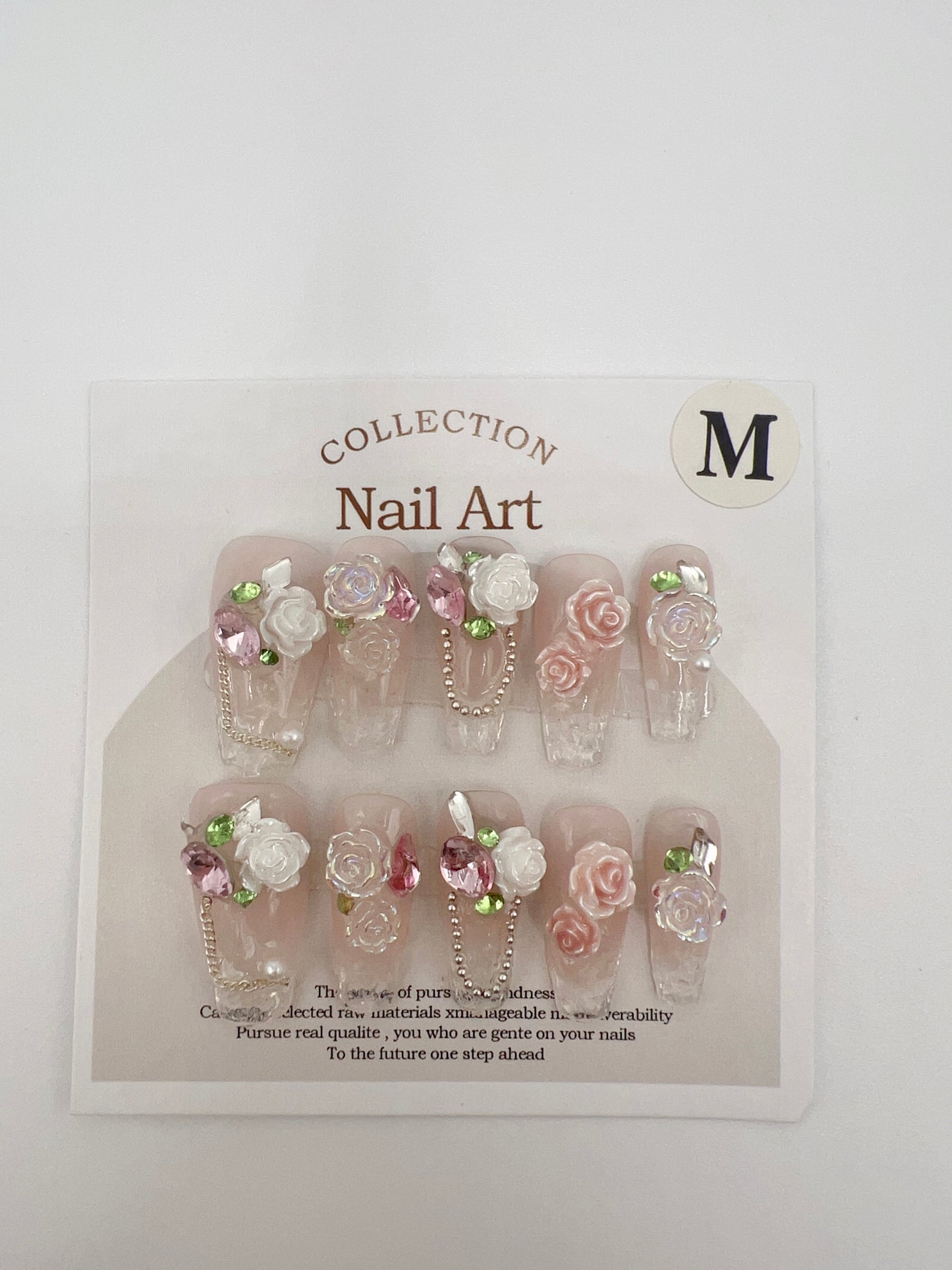 Medium Coffin Press On Nails with Rhinestone and 2D Flower