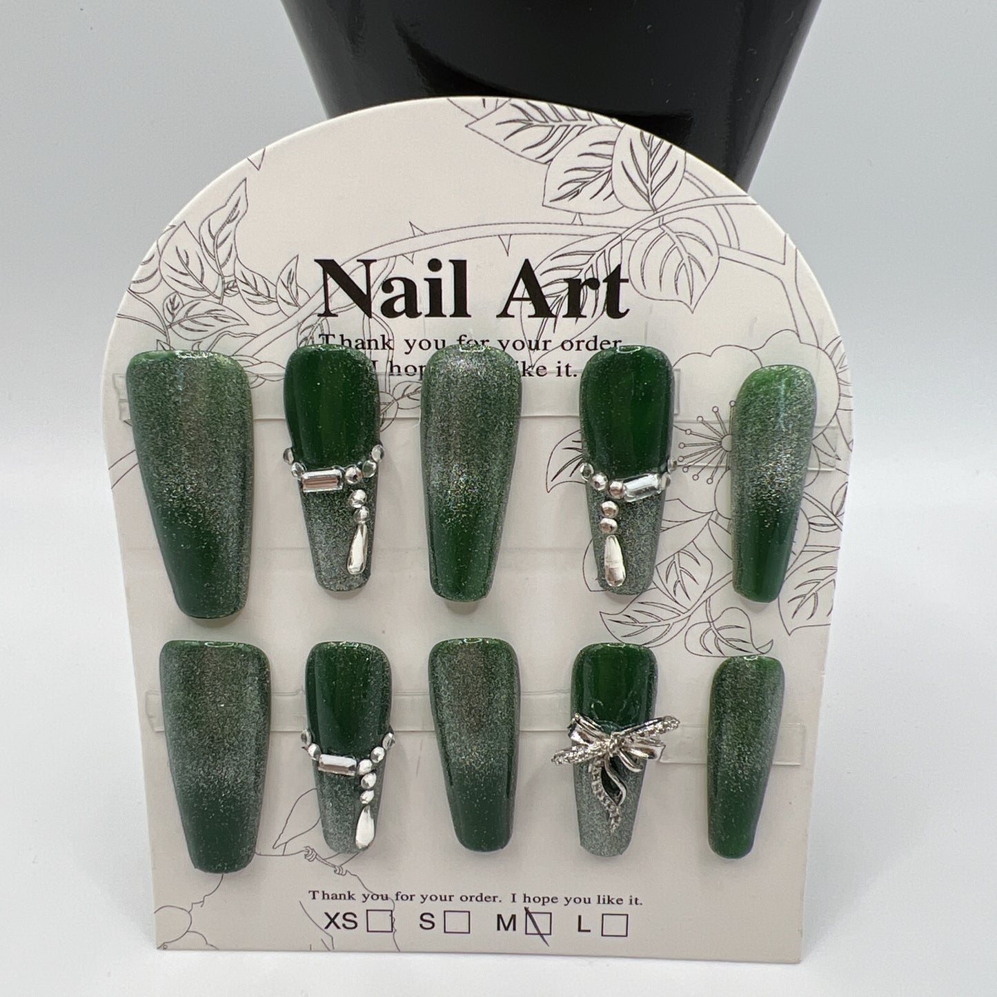Long Coffin Press On Nails with Rhinestone Charms – 10 Designs, Medium Size