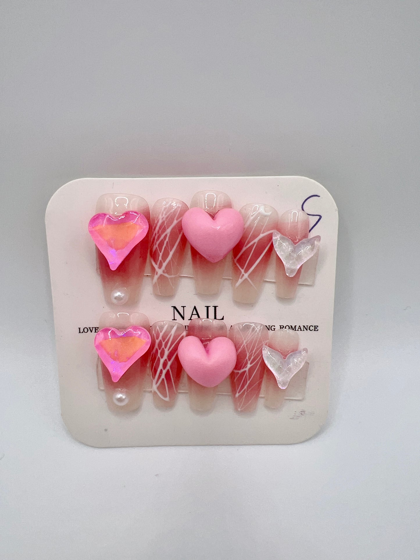 Pink Medium Coffin Press-On Nails with Cute Heart Charms – Small Size