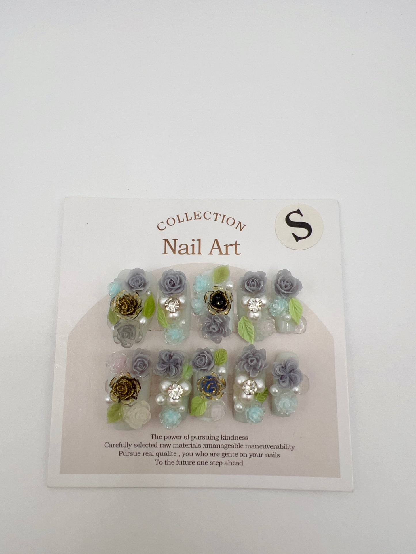 Short Coffin Press On Nails with 2D Flowers and Pearl – Small Size