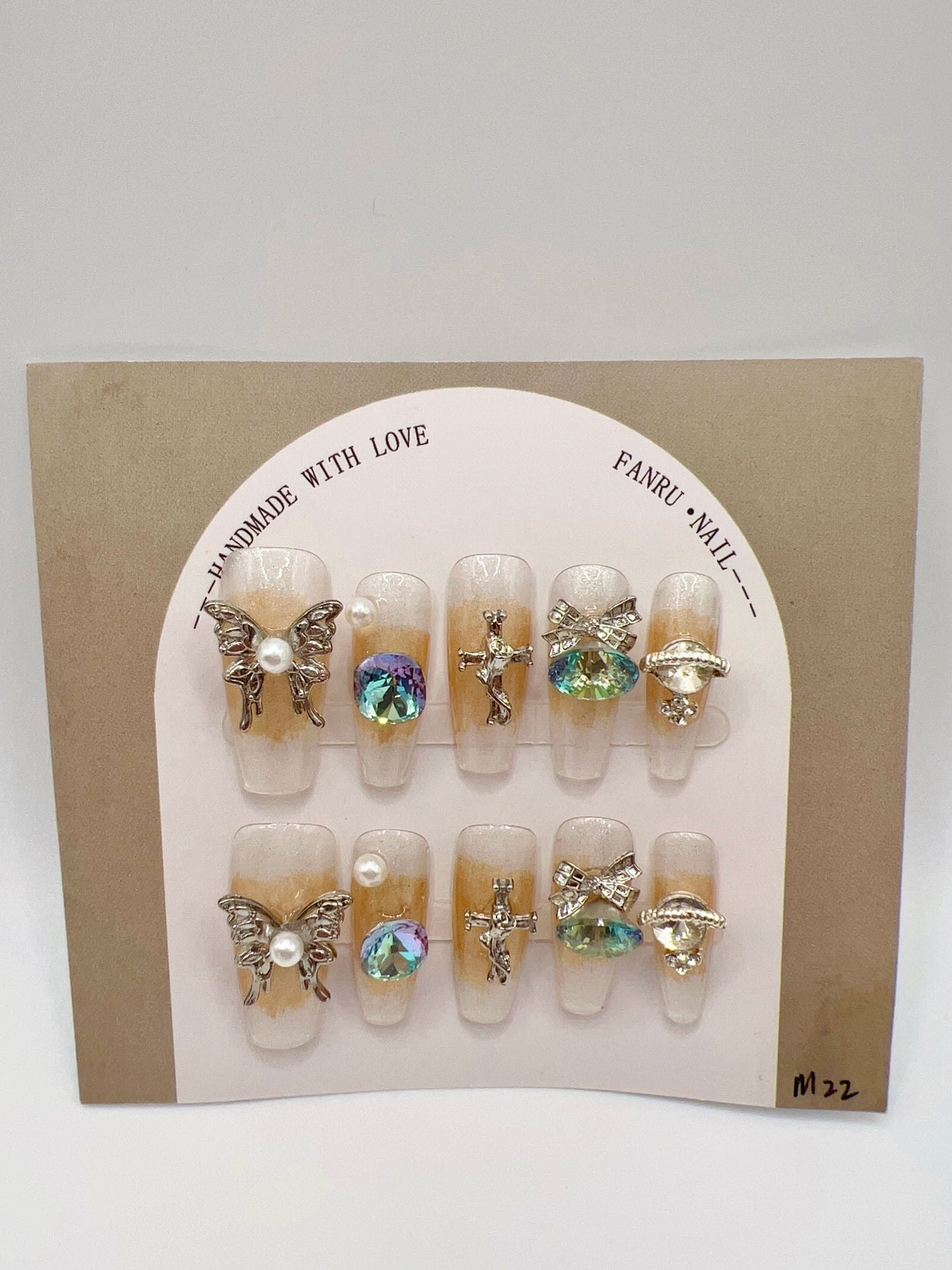 Long Coffin Press On Nails with Rhinestone – Medium Size
