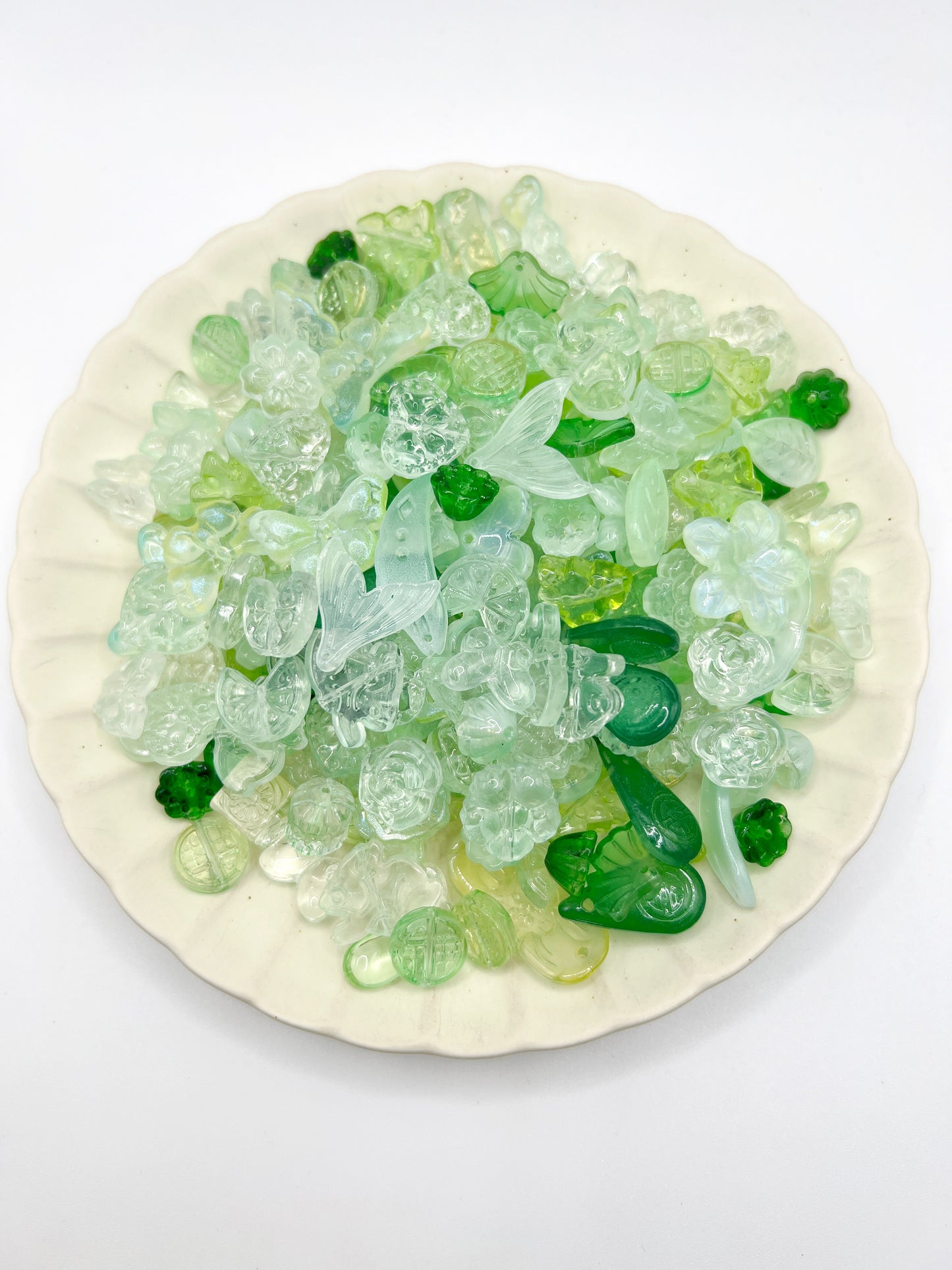 220 pcs Mixed Green Glass-Style Glass Charms Beads – Flower Butterfly Leaf DIY