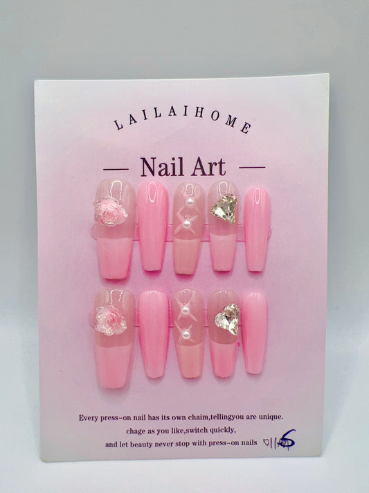 Long Coffin Press-On Nails with Rhinestones French Tip – Small Size