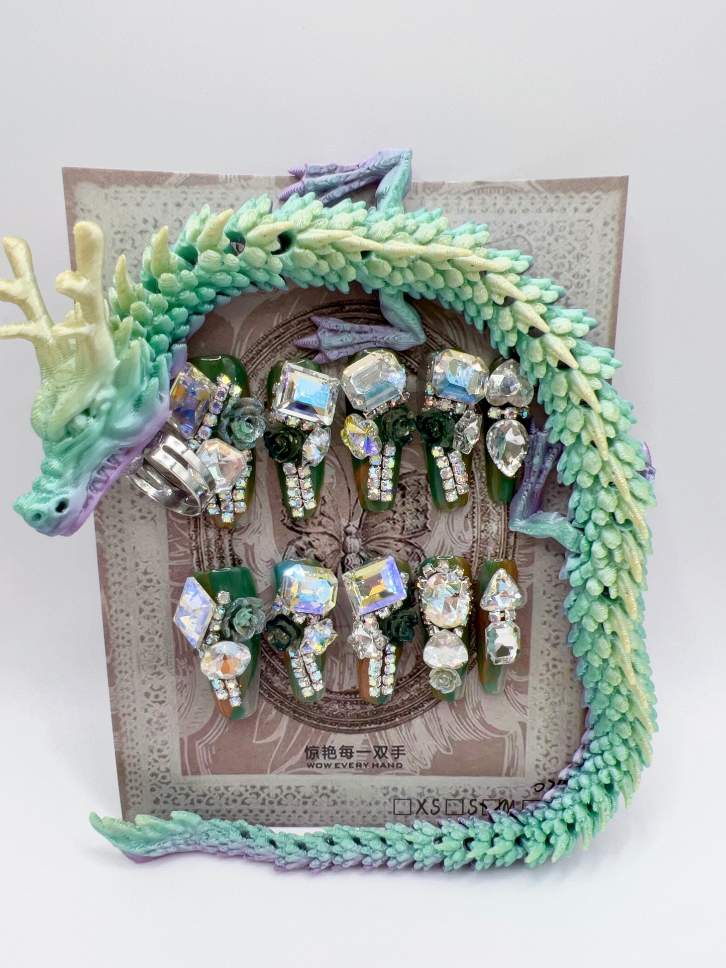 Luxury Rhinestone Press-On Nails with 3D Flower Charms & Dragon Rings – Long Coffin, Medium Size, Reusable