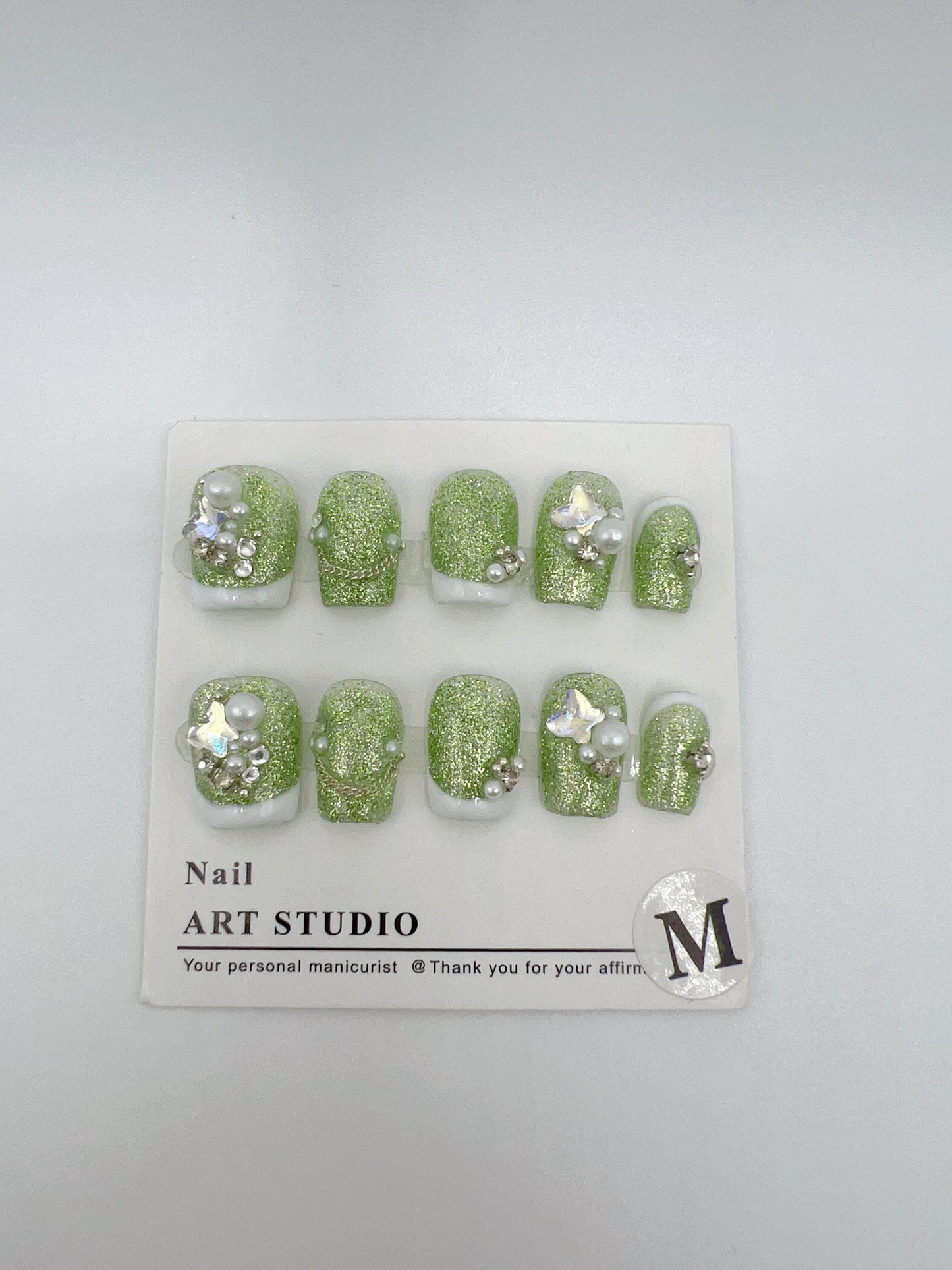 Green Glitter Short Square Press On Nails with Rhinestone – Medium Size