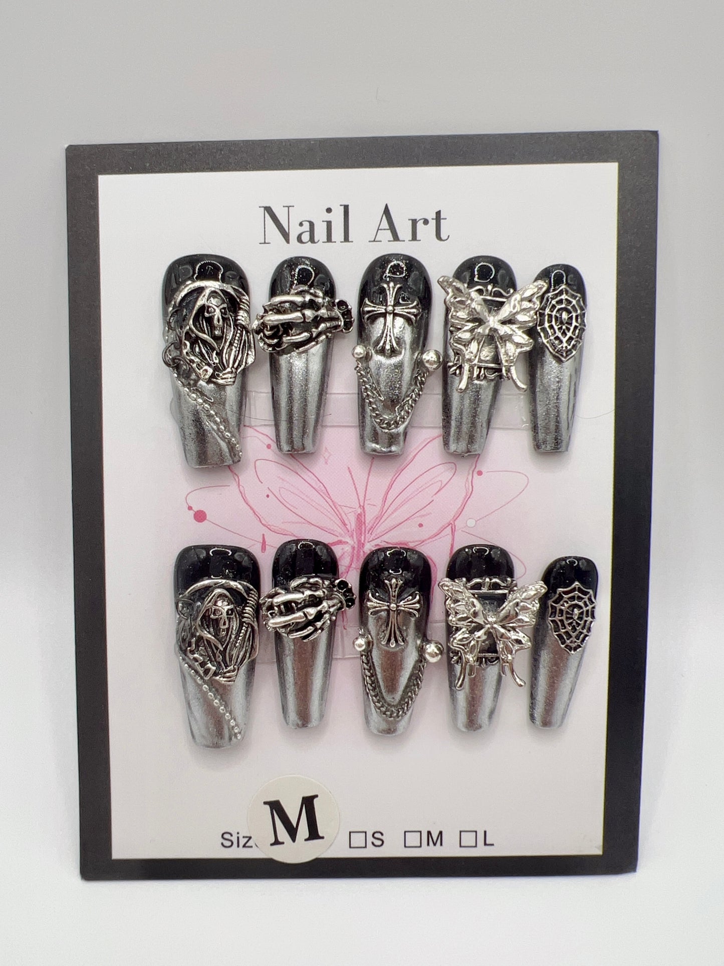 Long Coffin Press-On Nails with Charms – Black Halloween Style