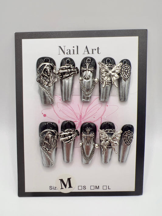 Long Coffin Press-On Nails with Charms – Black Halloween Style