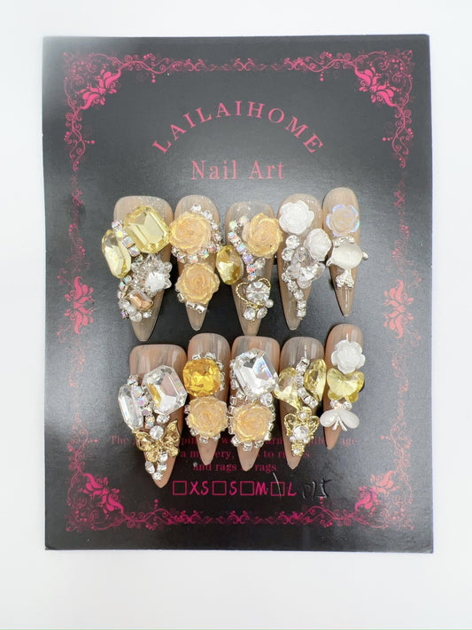 Luxury Rhinestone Press-On Nails with 3D Flower Charms – Long Stiletto