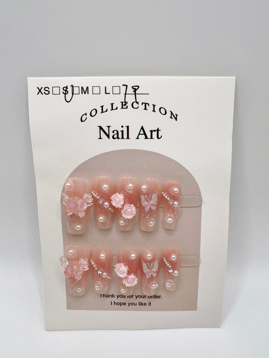 Medium Coffin Press-On Nails with 2D Flower and Pearl – Small Size