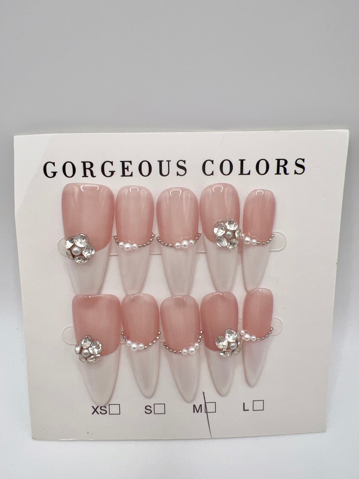 Long Stiletto French Tip Press On Nails with Rhinestone and Pearl