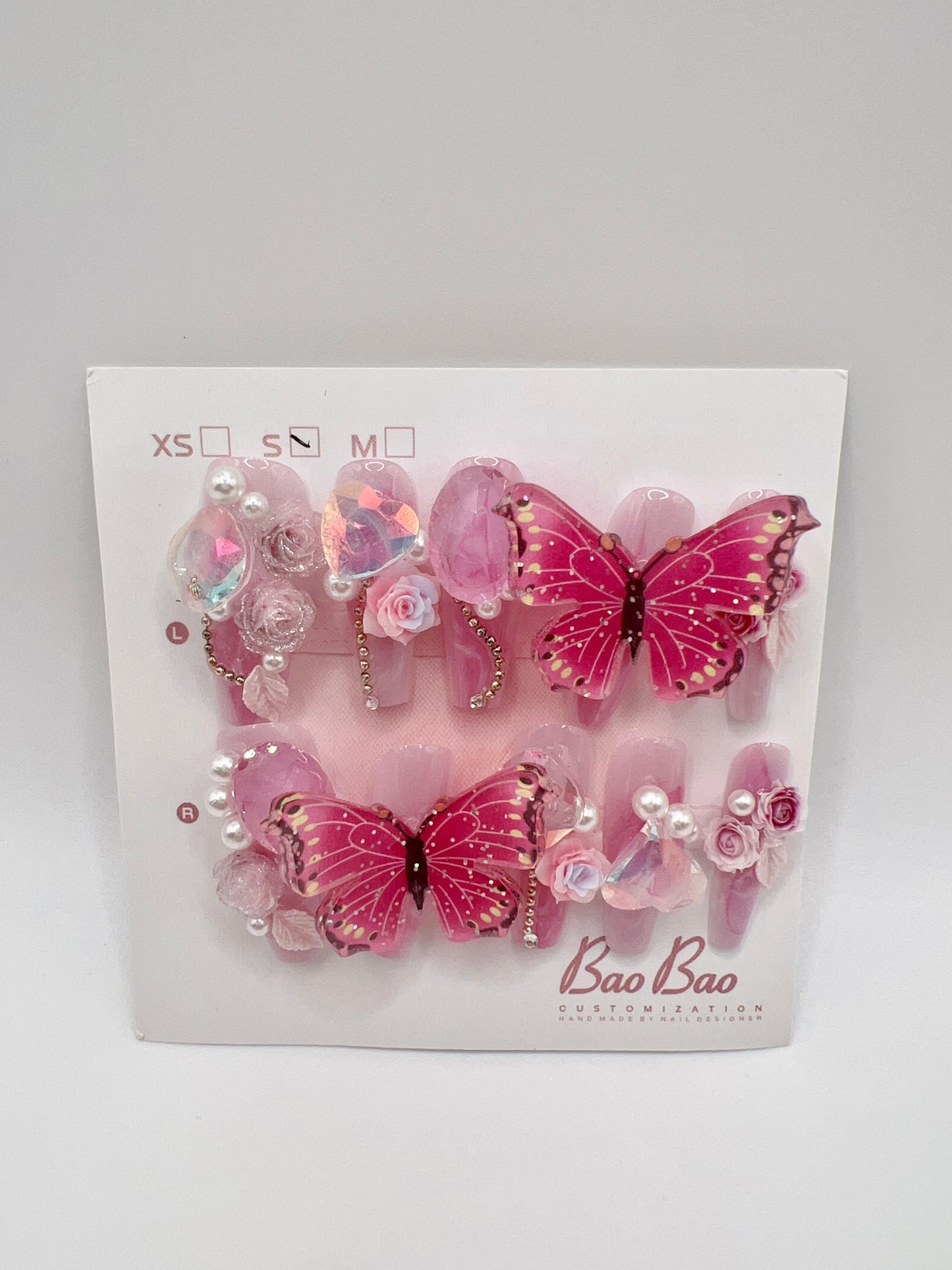 Luxury Long Coffin Pink Press-On Nails with 2D Flower & Butterfly Charms