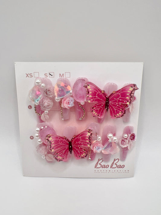 Luxury Long Coffin Pink Press-On Nails with 2D Flower & Butterfly Charms