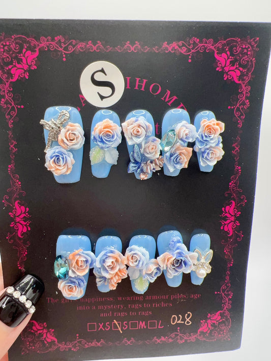 Medium Coffin Press On Nails with Rhinestone & 2D Flowers – Small Size