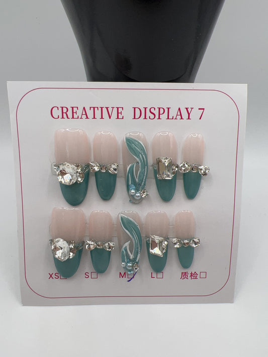 Long Oval Press On Nails with Rhinestone Charms – Glam Fake Nails, Medium Size, 10 Designs