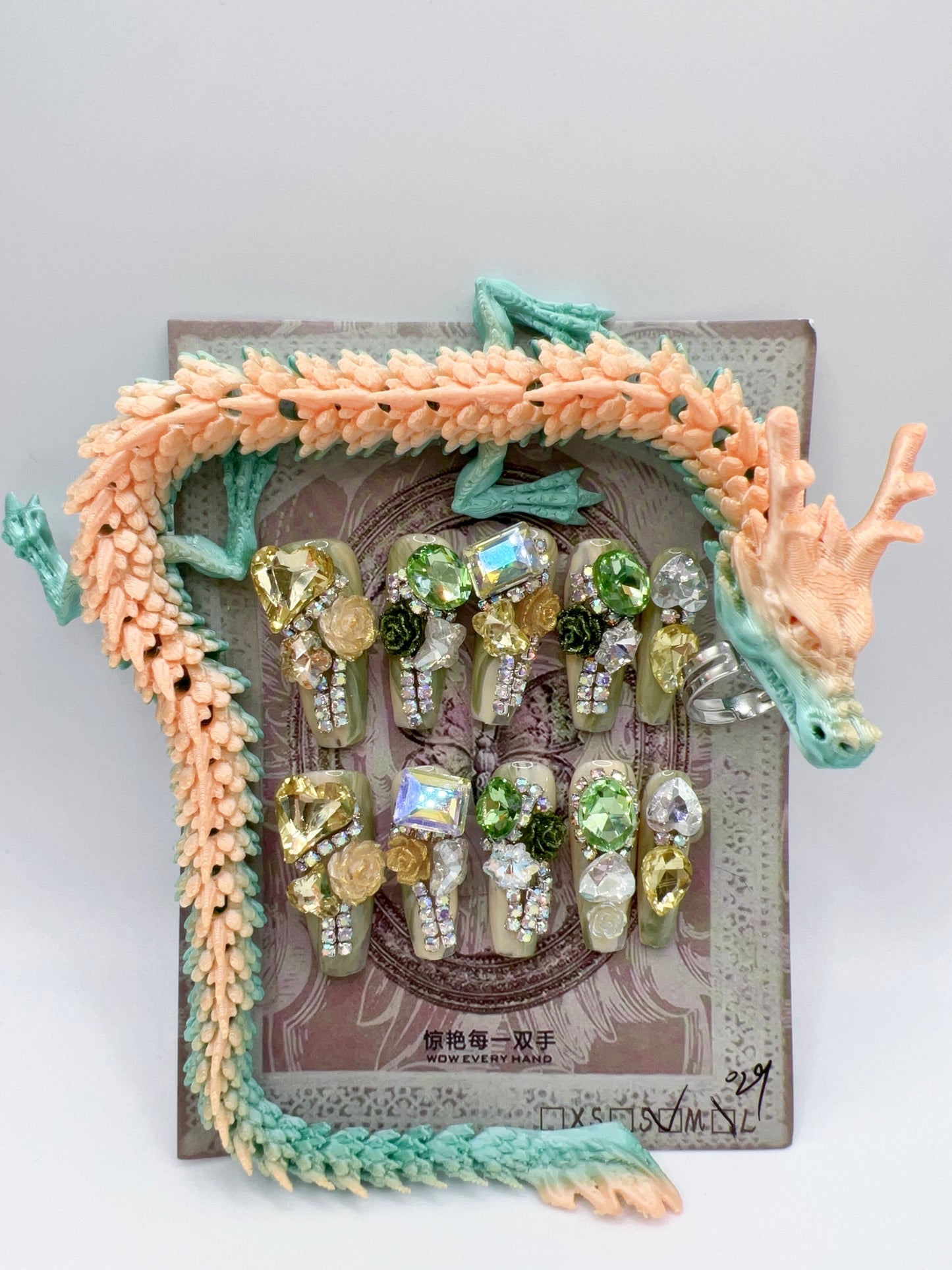 Luxury Rhinestone Press-On Nails with 3D Flower Charms & Dragon Rings – Long Coffin, Medium Size, Reusable