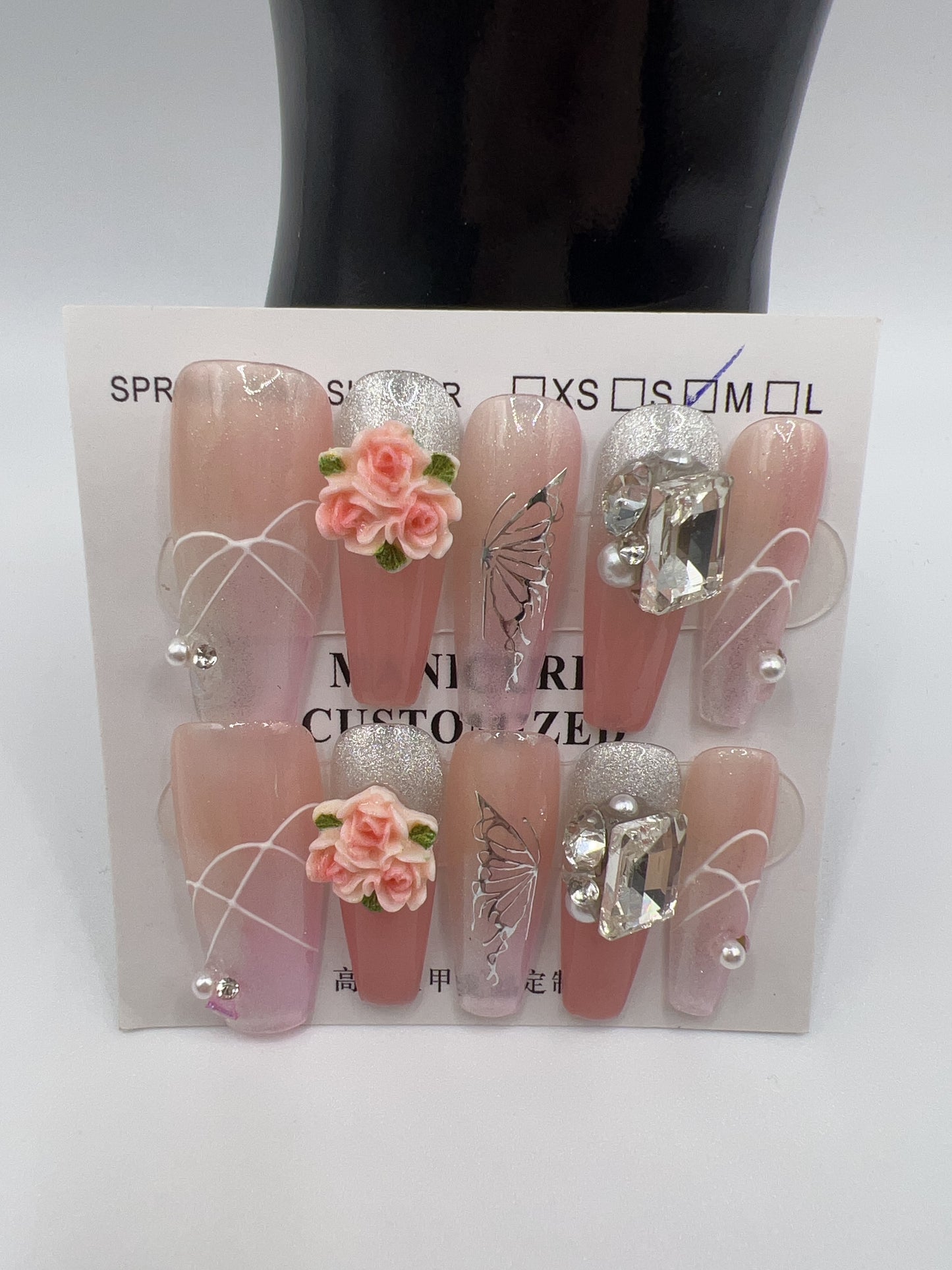 Long Coffin Press-On Nails with Rhinestone & Charms – 9 Designs, Medium Size